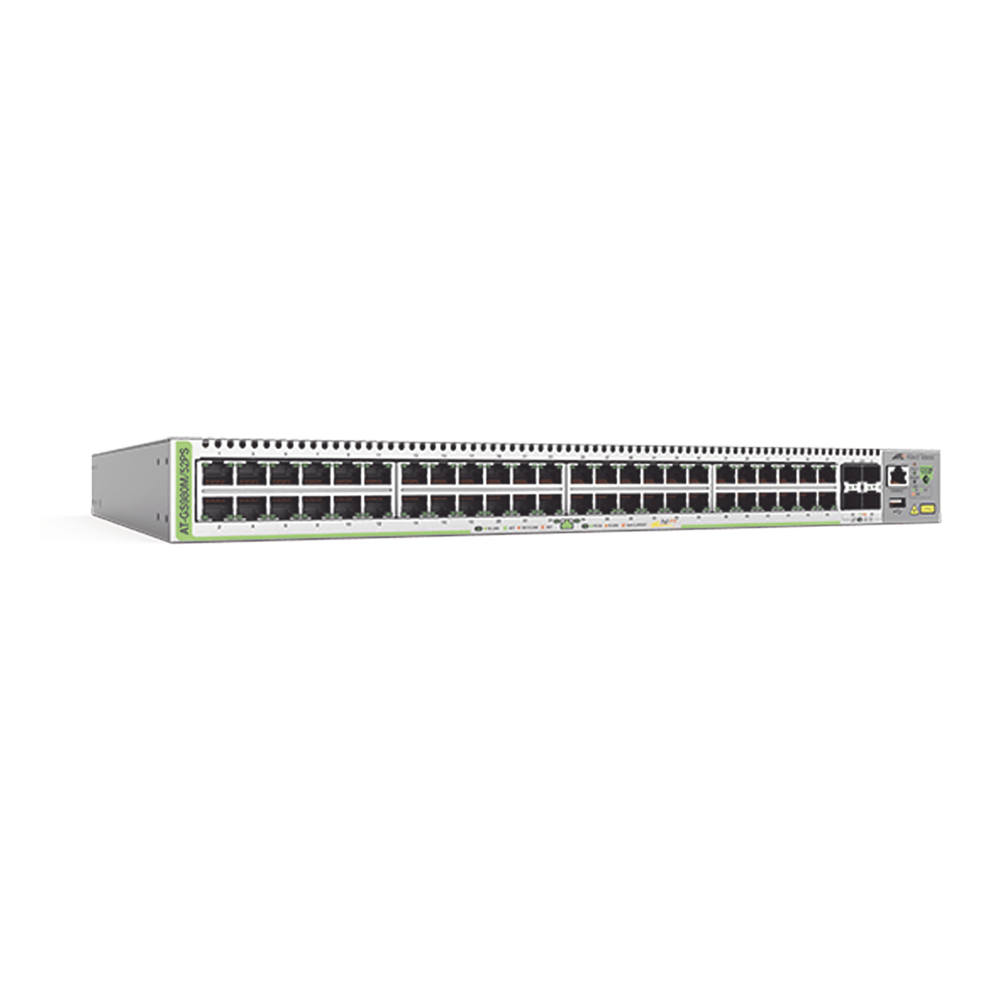 Switch PoE+ Administrable CentreCOM GS980M, Capa 3 de 48 puertos 10/100/1000Mbps + 4 SFP Gigabit, 740 W — ALLIED TELESIS · SKU AT-GS980M/52PS-10