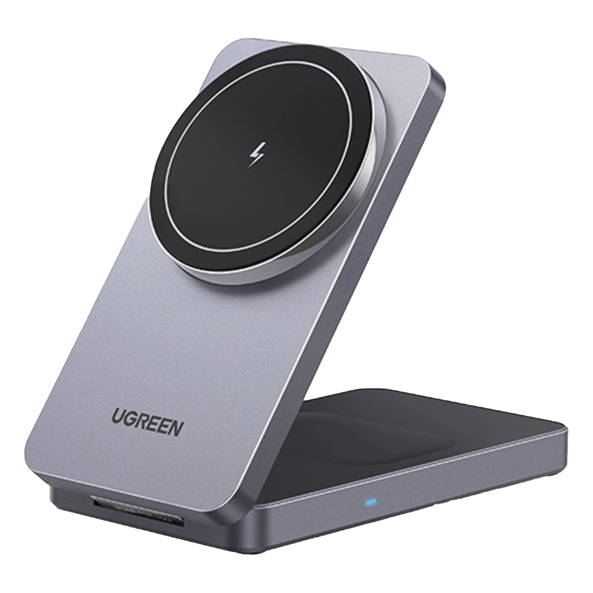 Cargador Inalámbrico 2 en 1 20W / Tecnología Qi2 15W Certificada / Carga Simultánea iPhone y AirPods / Ángulo Ajustable 70° / Diseño Plegable y Portátil / Compatibilidad Universal — UGREEN · SKU 45056