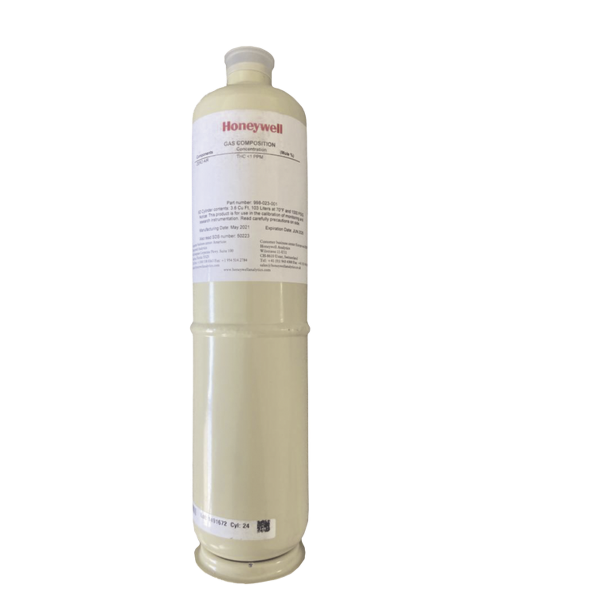 Cilindro de Gas de Calibración / Hidrógeno 50% LEL / 103 Litros / Conexión 5/8" x 18" / Detectores Combustibles — HONEYWELL ANALYTICS · SKU 998-022-003