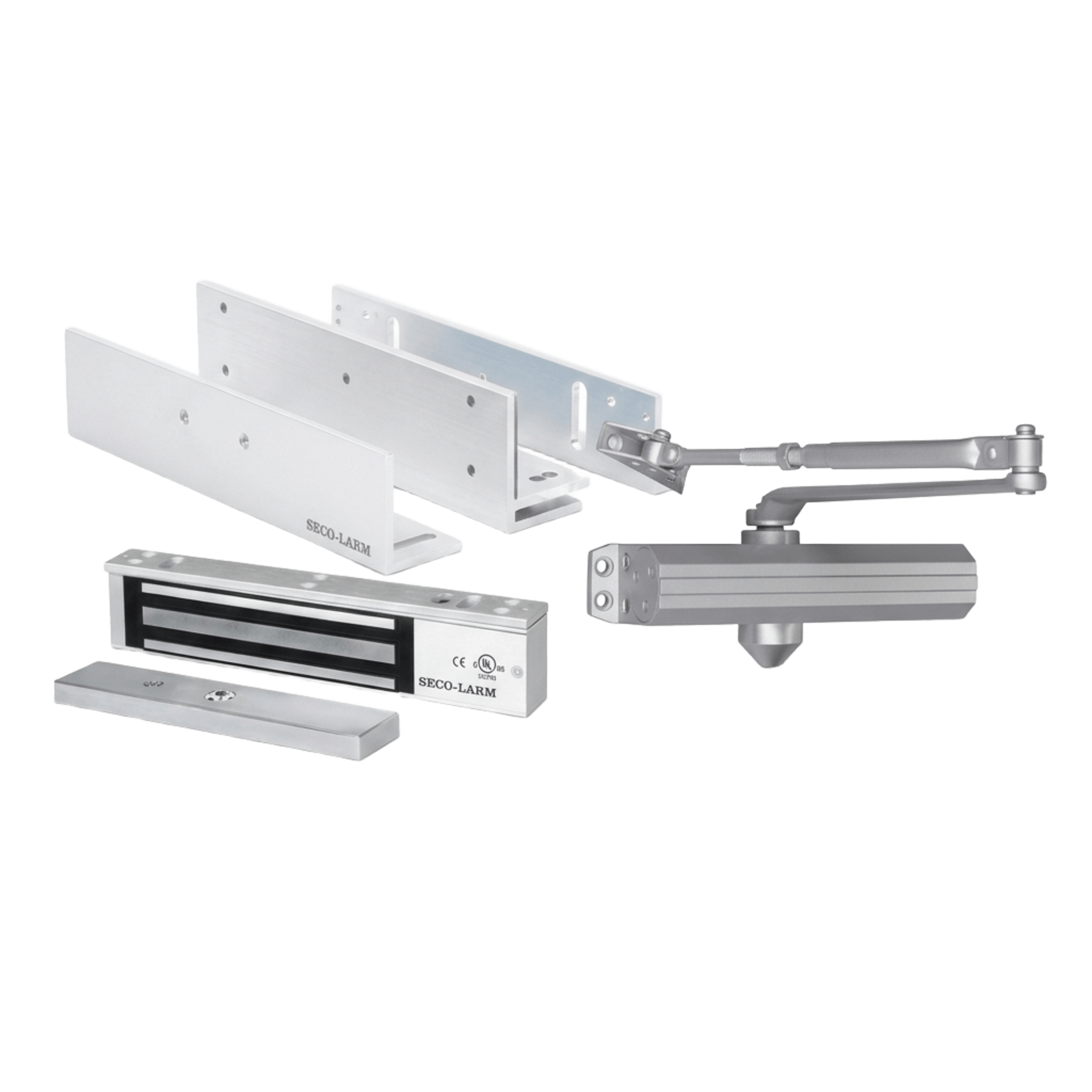 Kit Control de Acceso / Chapa Magnética 600 lbs (280 kg) / Brackets L y Z / Cierrapuertas 150 kg / UL