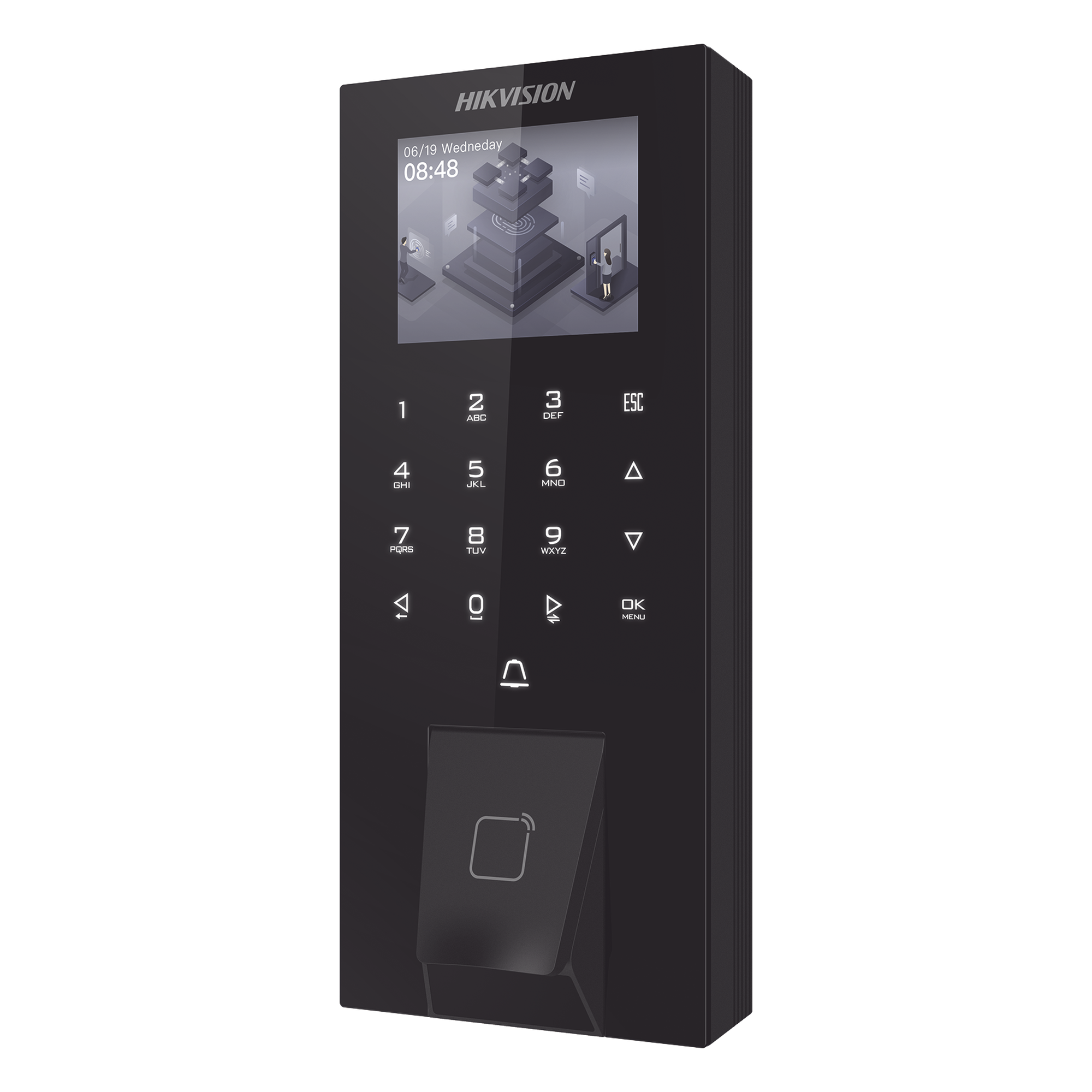 Terminal de Control de Acceso Biométrico / Huella Digital + Tarjeta M1 + PIN + Bluetooth / 5,000 Huellas y 150,000 Eventos / Pantalla LCD Táctil 2.4 — HIKVISION · SKU DS-K1T807MBFWX-E1