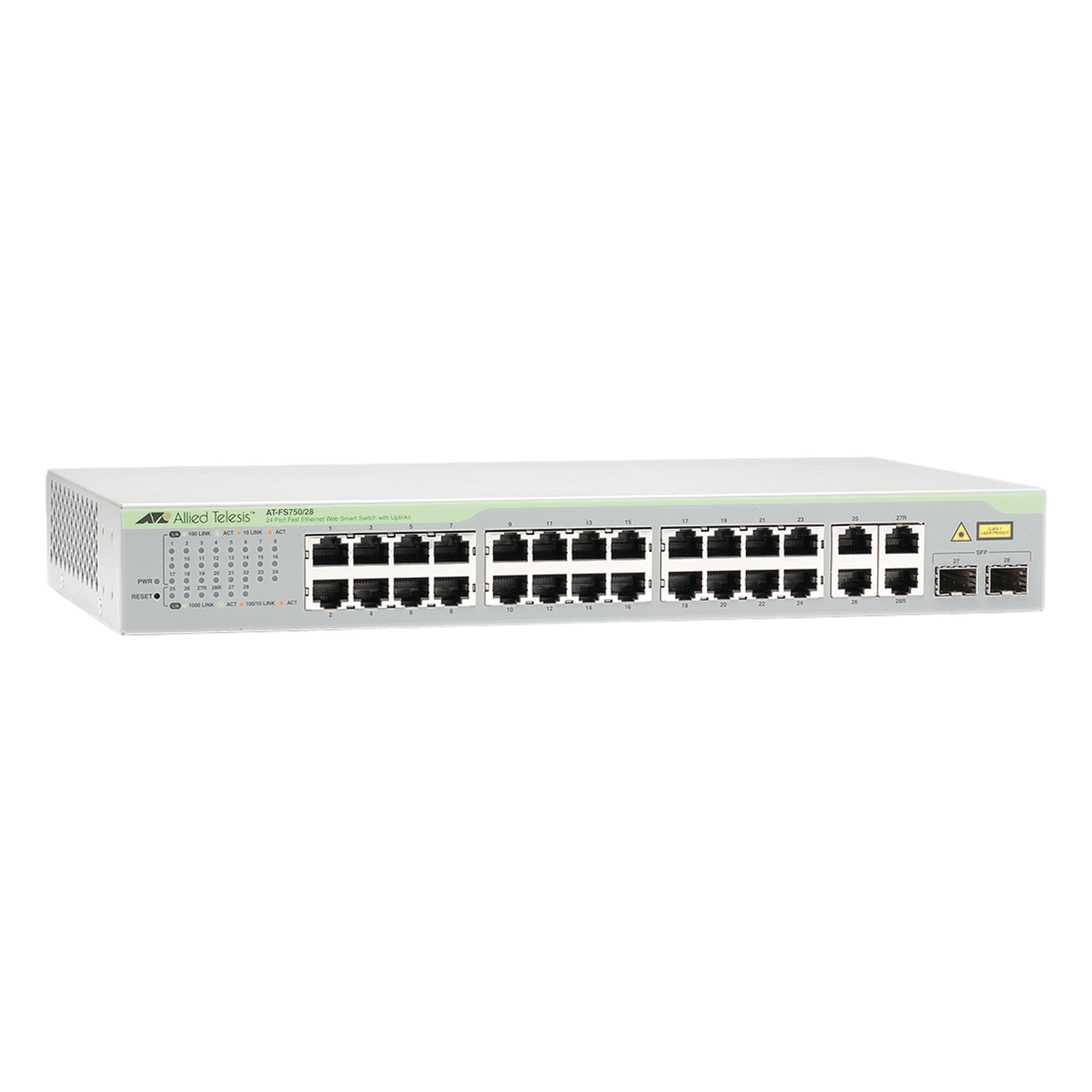 Switch WebSmart de 24 puertos 10/100 Mbps + 2 puertos 10/100/1000 Mbps + 2 SFP Gigabit Combo — ALLIED TELESIS · SKU AT-FS750/28-10