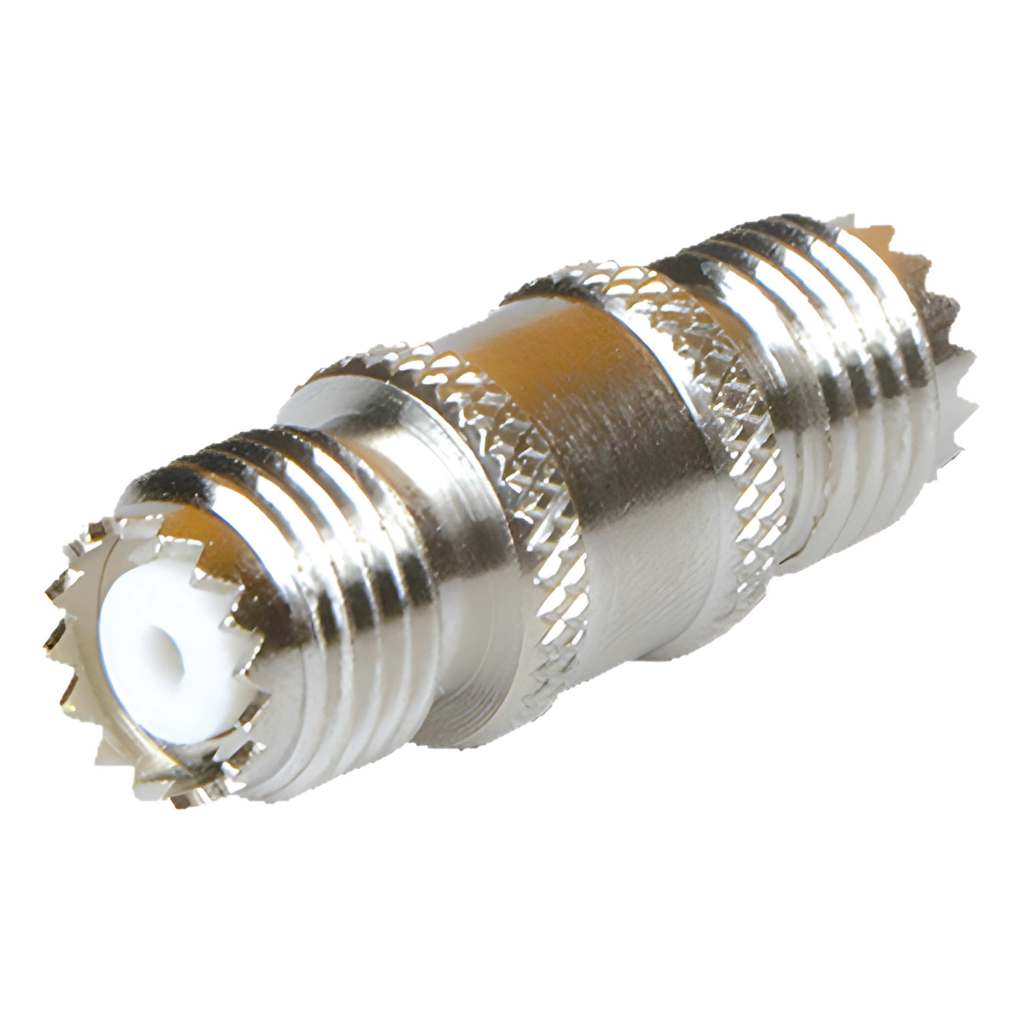 Adaptador Barril RF / Mini-UHF Hembra a Mini-UHF Hembra / Montaje en Línea / Cuerpo Bronce Niquelado / Contacto Oro / Aislante Teflón — RF INDUSTRIES,LTD · SKU RFU-629