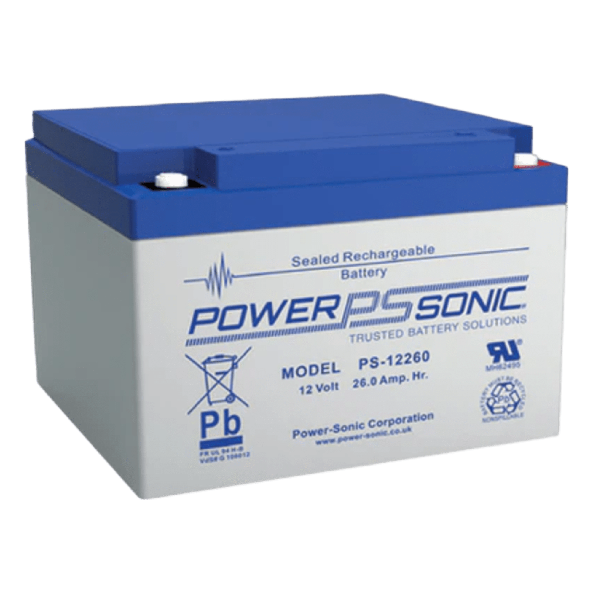 Batería 12V, 26AH, Para Respaldo, Tecnologías AGM/VRLA, 5 Años Vida Útil, Terminales M5, Reconocida UL — POWER SONIC · SKU PS-12260-M5