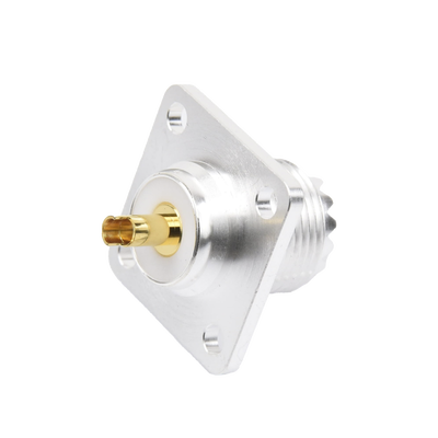 Conector UHF Hembra (SO-239) para Montaje de Chasis con 4 Hoyos a 18 mm, Terminal Soldable, Plata/ Oro/ Teflón.