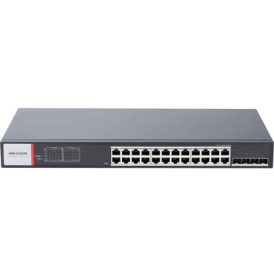 Switch Gigabit PoE+ / Administrable / 24 Puertos 1000 Mbps PoE+ / 4 Puertos SFP / Configuración Nube Hik-PartnerPro / Modo Extendido hasta 300 Metros / 370 W — HIKVISION · SKU DS-3T1528HP-SI-24P4F