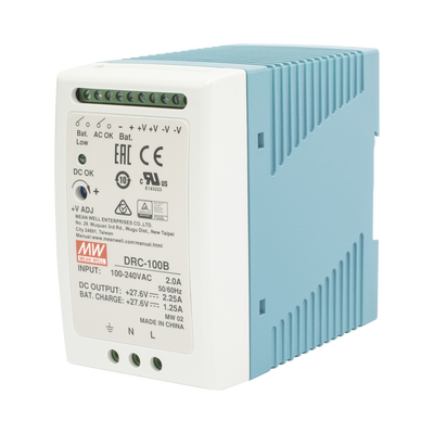 Fuente de poder con cargador de batería / Riel DIN / 24V / 100W / 2.25A / UL 508 / 2.16 x 3.54 x 3.94 pulgadas — MEANWELL · SKU DRC-100-B