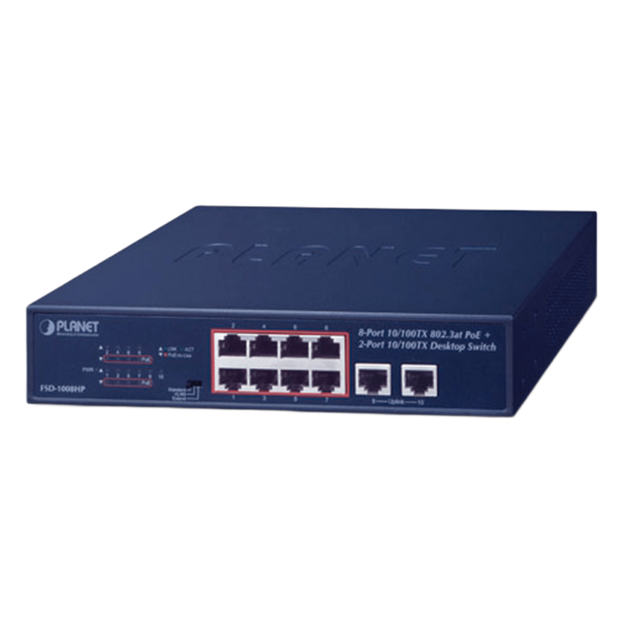 Switch de Escritorio de 8 Puertos 10/100TX 802.3at PoE+ / 2 Puertos 10/100TX / 120W PoE Budget / Modos Standard, VLAN y Extendido / Distancia Extendida Hasta 250m — PLANET · SKU FSD-1008HP