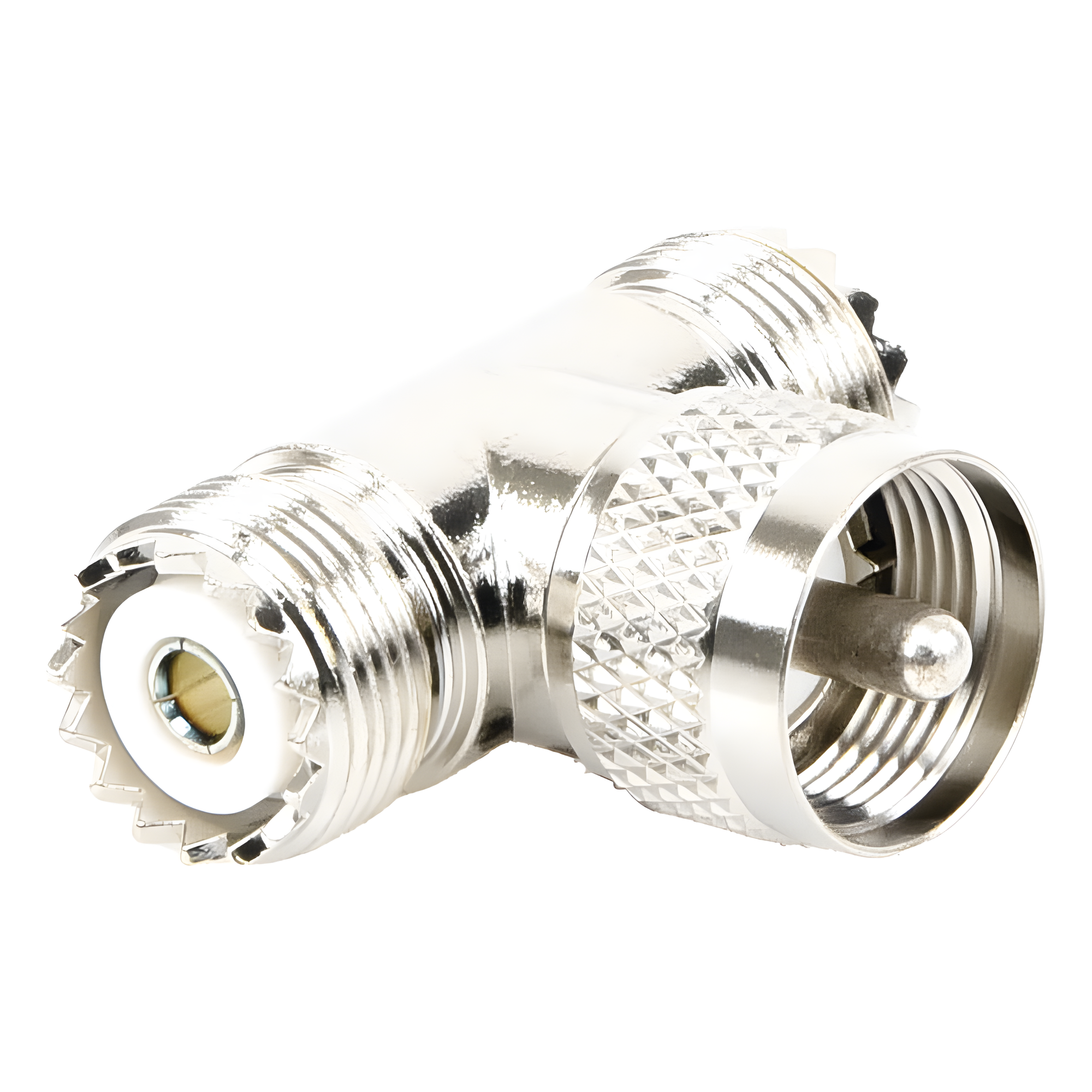 Adaptador RF en T / UHF Macho PL-259 a Doble UHF Hembra SO-239 / 50 Ohm / Níquel-Plata / Delrin — RF INDUSTRIES,LTD · SKU RFU-533