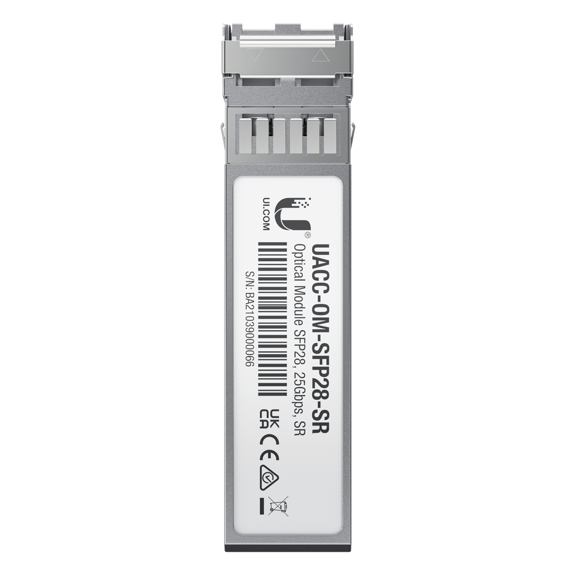 Transceptor de fibra óptica multimodo SFP28 hasta 25 Gbps con 2 conectores LC, hasta 100 mts — UBIQUITI · SKU UACC-OM-SFP28-SR