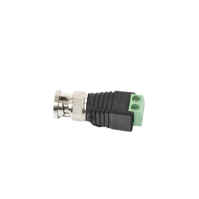 Adaptador de conector BNC macho a 2 terminales-tornillo para cables AWG-26-14, en aplicaciones Video Vigilancia, Níquel/ Oro/ PTFE y PVC.