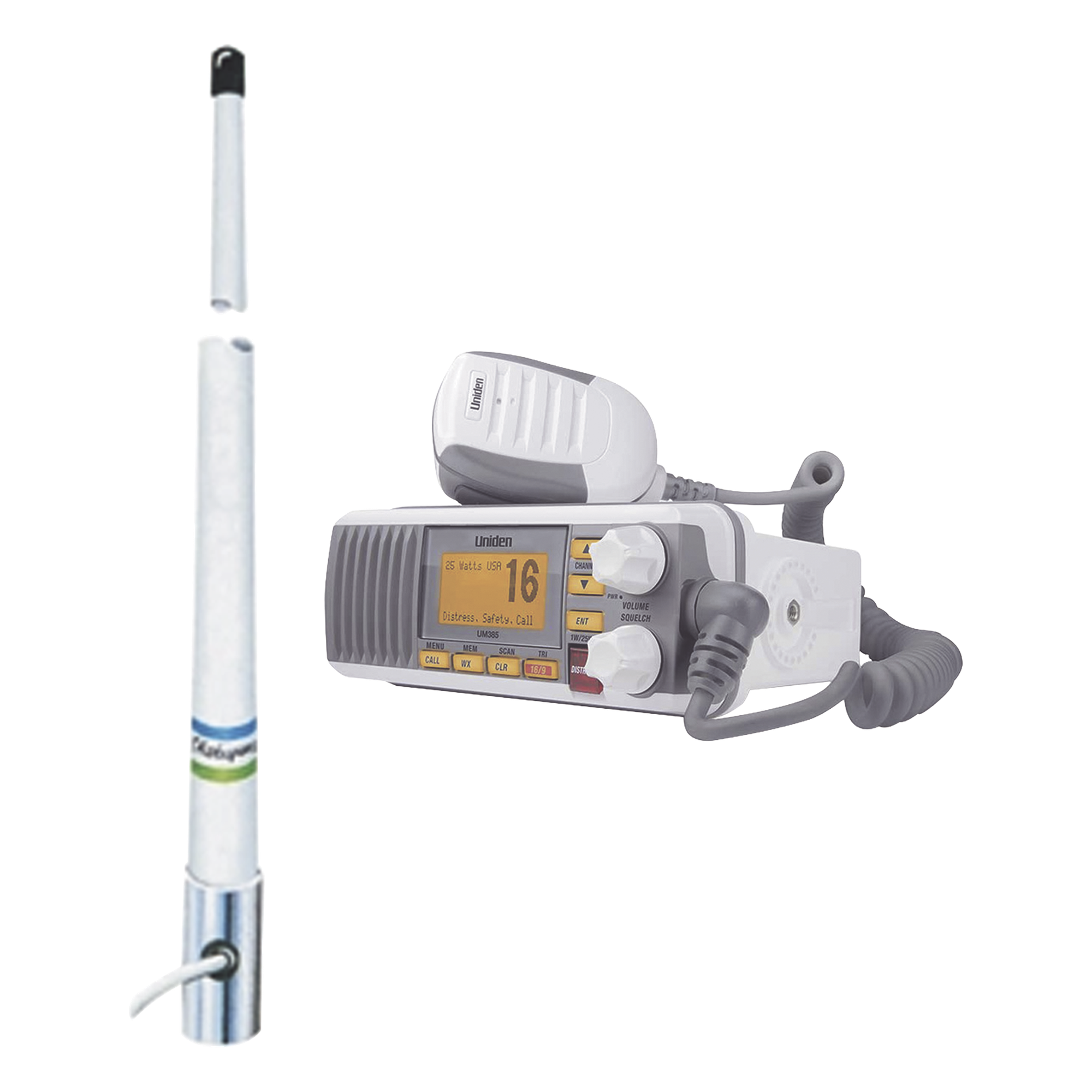Kit de radio móvil VHF marino modelo UM-385 color blanco y antena marina Shakespeare de fibra de vidrio 5101 — UNIDEN · SKU UM385/5101