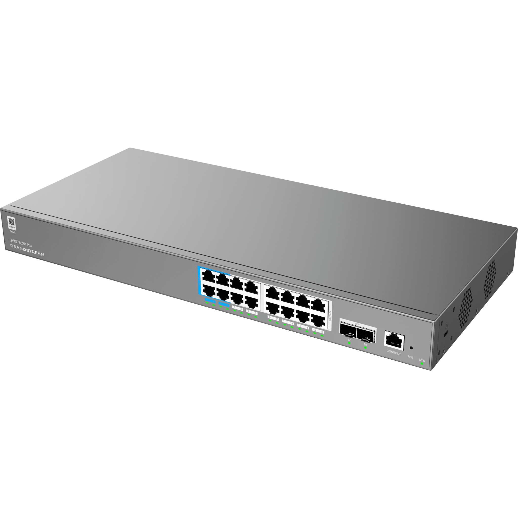 Switch de Red Empresarial L2++ / Serie GWN7800 Pro / 16 Puertos Gigabit PoE 250W / 2 Puertos SFP+ / Gestión Cloud GDMS / VLAN 4K / QoS Avanzado / Seguridad Integral