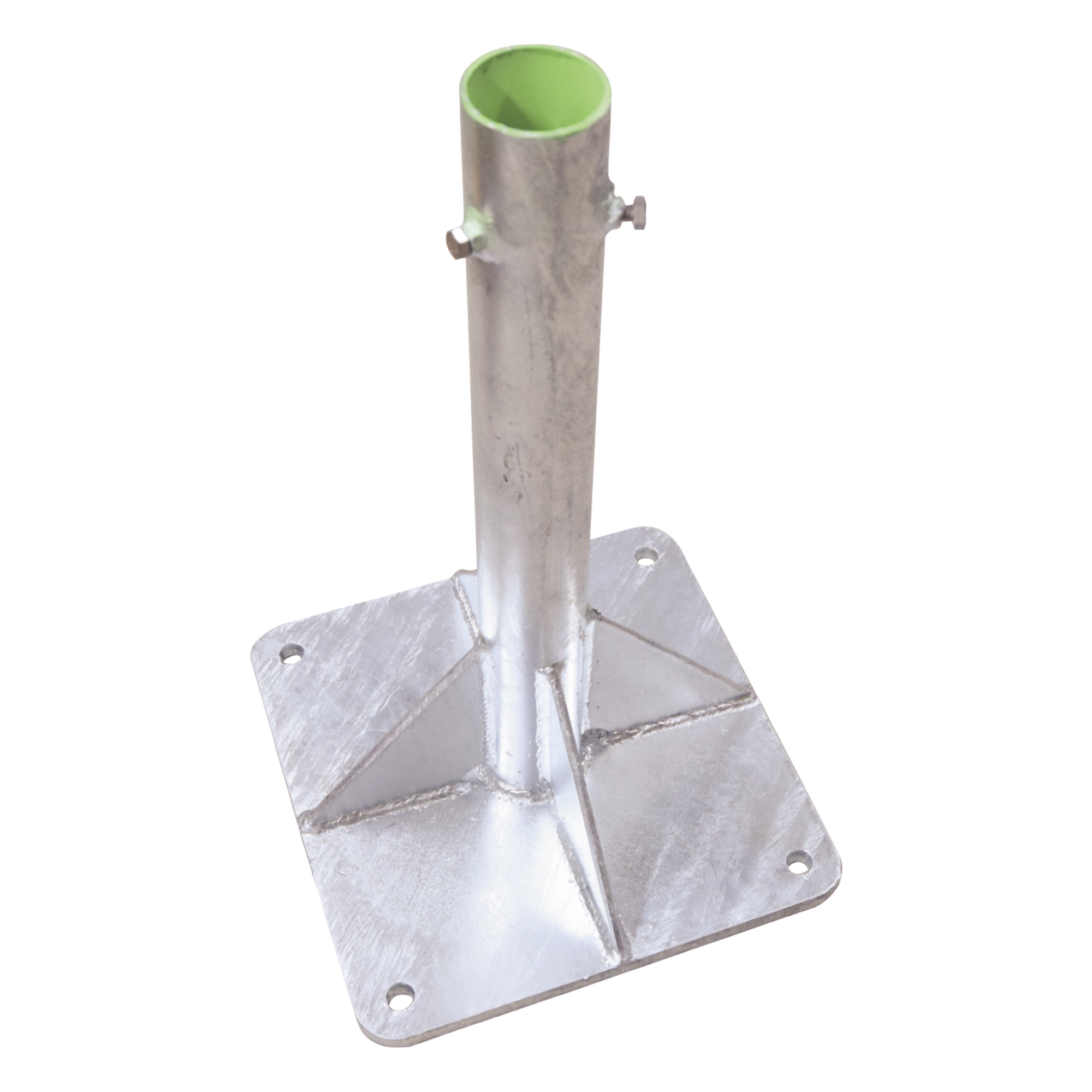 Base para Mástil / 30 x 30 cm / Tubo 50 cm (19.7 in) / Galvanizado en Caliente / Tornillos Opresores 3/8'' / Mástiles 1'' a 2'' — SYSCOM TOWERS · SKU SLM-BA-7G