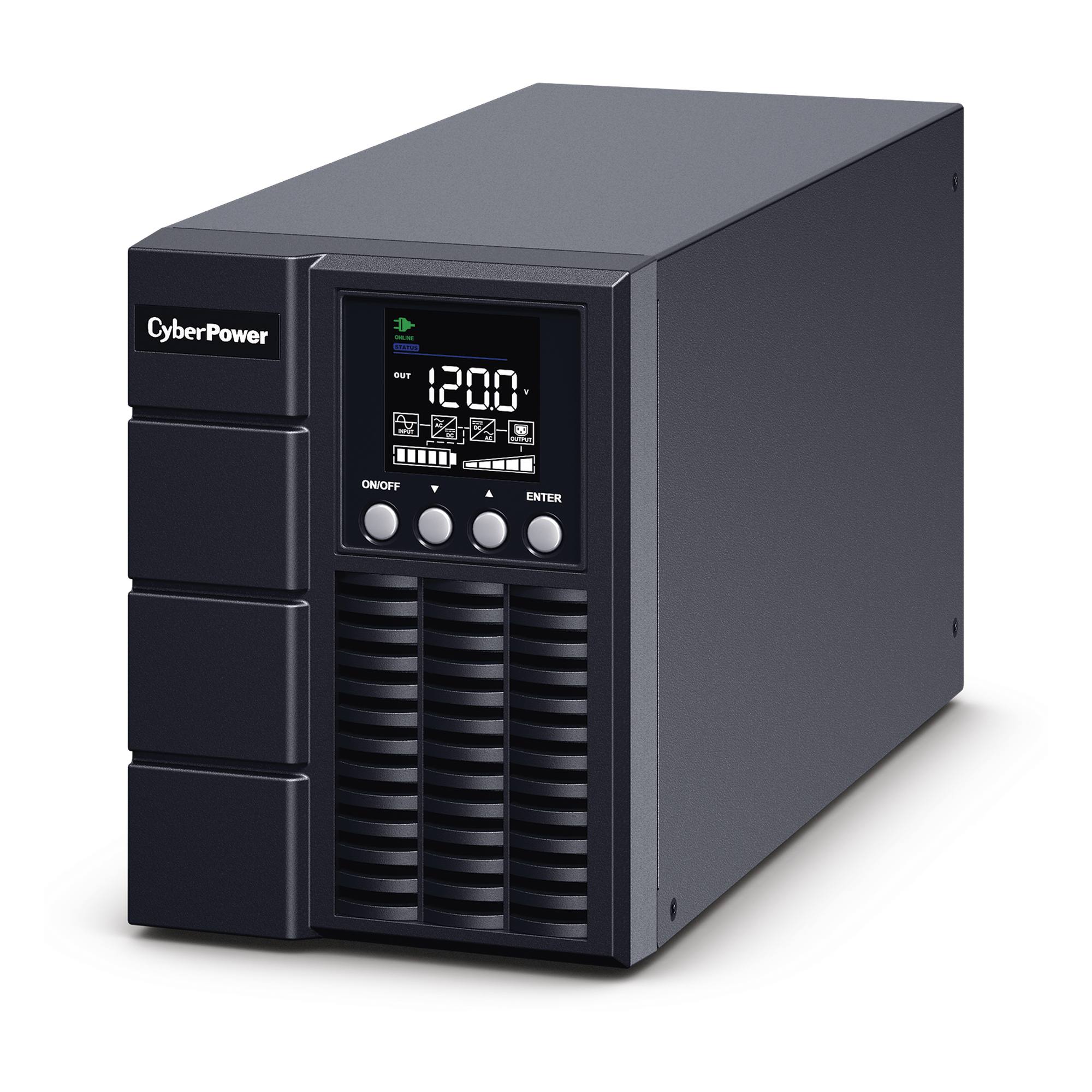UPS Online Doble Conversión / 1000 VA / 900 W / Onda Senoidal Pura / 4 Tomas NEMA 5-15R / Rango 90-150 Vca / SNMP-HTTP — CYBERPOWER · SKU OLS1000A
