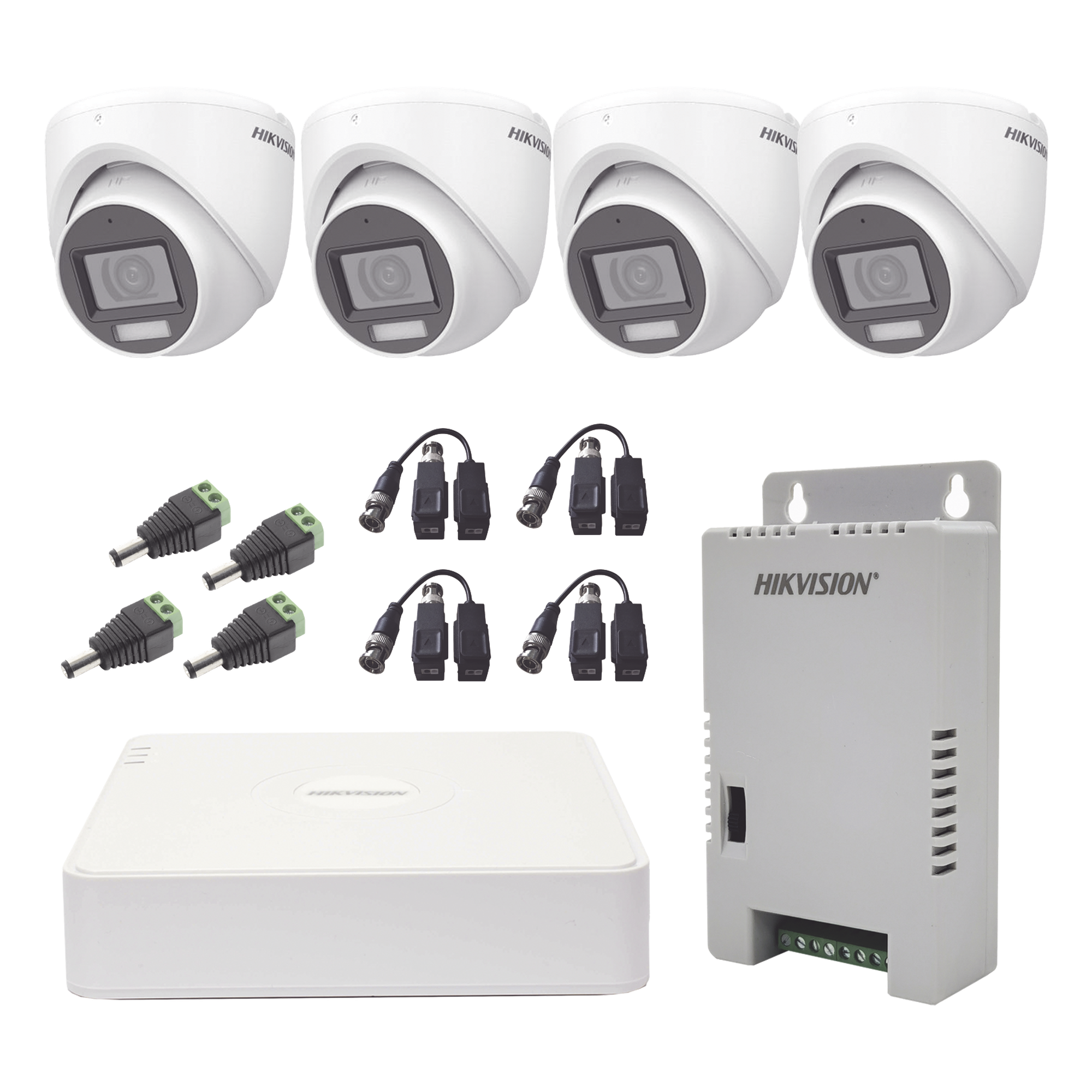 KIT TurboHD 1080p / DVR 4 Canales con audio por coaxitron / 4 Cámaras con Micrófono y 106° Visión/ luz blanca + IR visión nocturna / Transceptores / Conectores / Fuente de Poder Profesional — HIKVISION · SKU KH1080P4ESFH