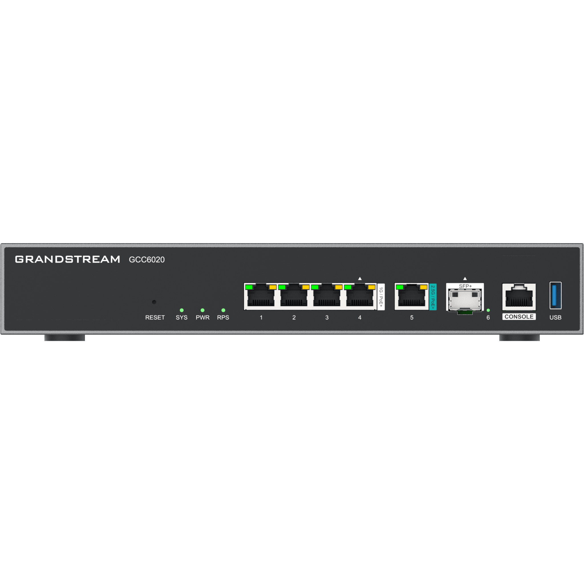 Dispositivo de Convergencia de Redes GCC6020 / Router VPN / Firewall de Próxima Generación / IP PBX / Switch de Red / 4 Puertos Gigabit Ethernet / 1 Puerto SFP+ 10 Gigabit / 1 Puerto 2.5 Gigabit / Administración en la Nube GDMS / Mont