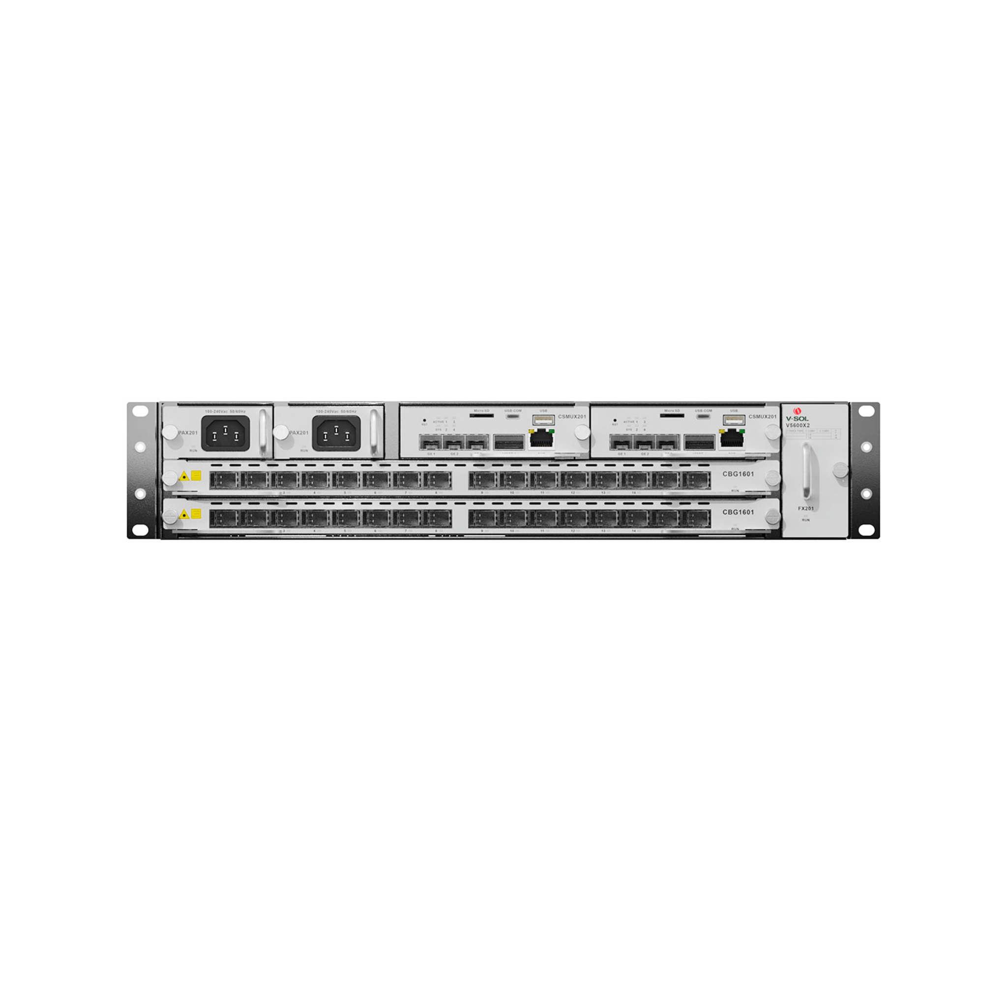 OLT Modular tipo Chasis GPON/XGS-PON Combo,1 Tarjeta de Servicio de 16 Puertos GPON, 2 Ranuras, 2 Fuentes de Alimentación AC, 2 UR