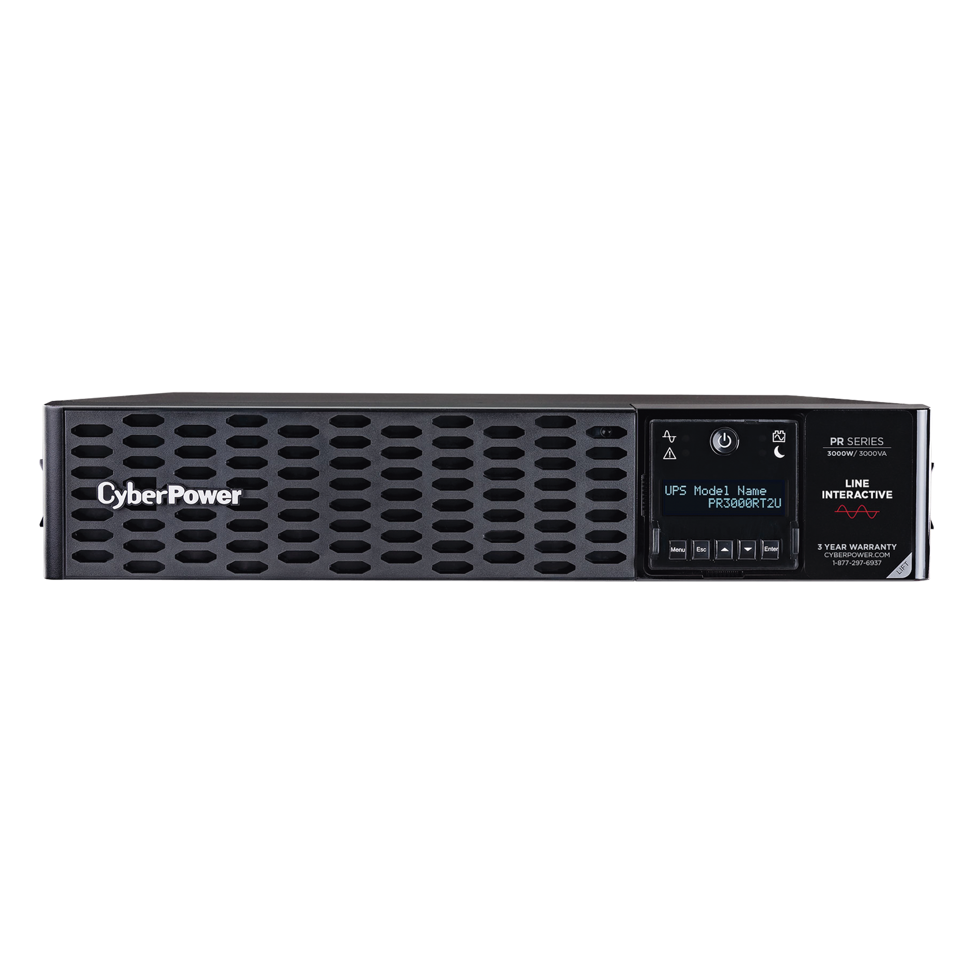 UPS de 3000 VA/3000 W, Topología Línea Interactiva, Entrada 120 Vca NEMA L5-30P, Onda Senoidal Pura, Torre o Rack 2 UR, Con 8 Tomas NEMA 5-20R y 1 NEMA L5-30R — CYBERPOWER · SKU PR3000RT2U