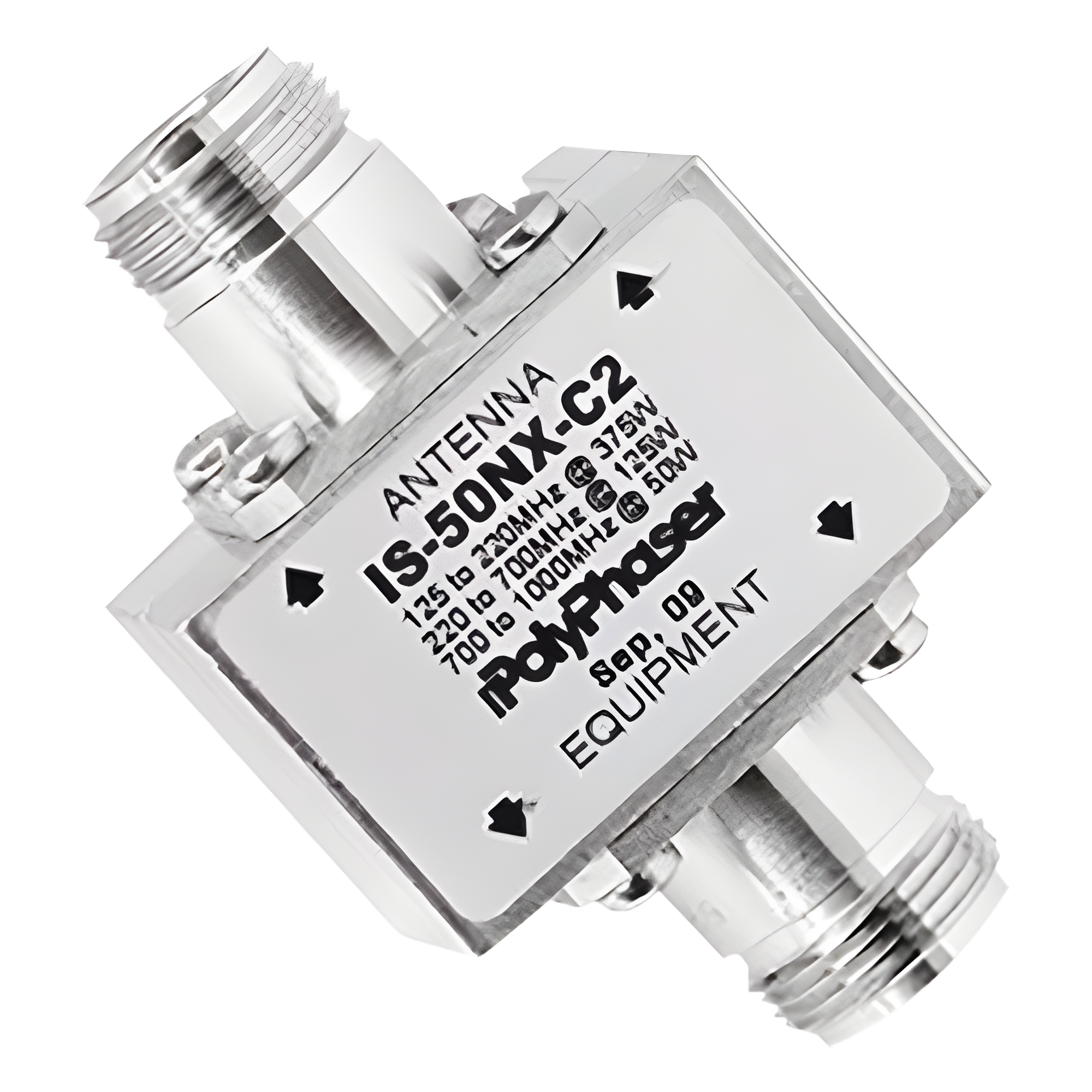 Protector Coaxial RF / 125-1000 MHz / 50 Ω / Conectores N Hembra / Ceja Lateral / 50 kA — POLYPHASER · SKU IS-50NX-C2