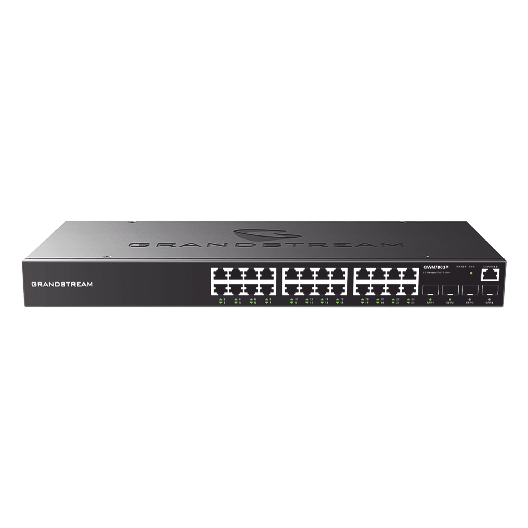Switch PoE+ Administrable / 24 Puertos Gigabit / 4 SFP Uplink / 360W PoE Total / 56 Gbps Switching / Cloud Gratuito / Rack 19" — GRANDSTREAM · SKU GWN7803P
