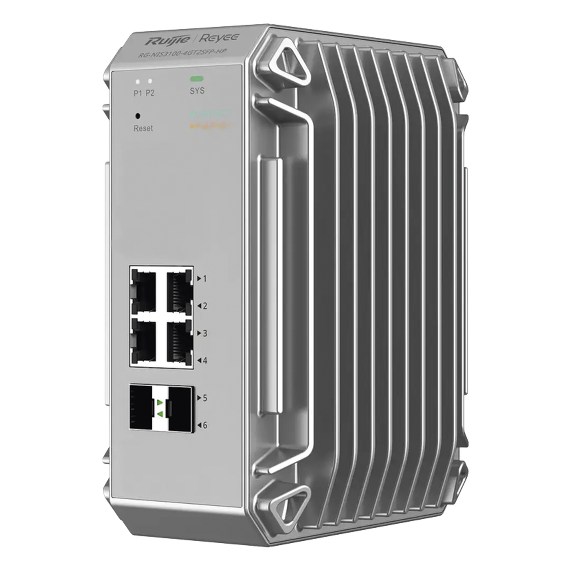 Switch Industrial PoE hasta , Ideal para temperaturas Extremas y protección contra descargas, 4 Puertos Gigabit PoE 802.3 af/at, 2 puertos SFP Administrable Cloud — RUIJIE · SKU RG-NIS3100-4GT2SFP-HP