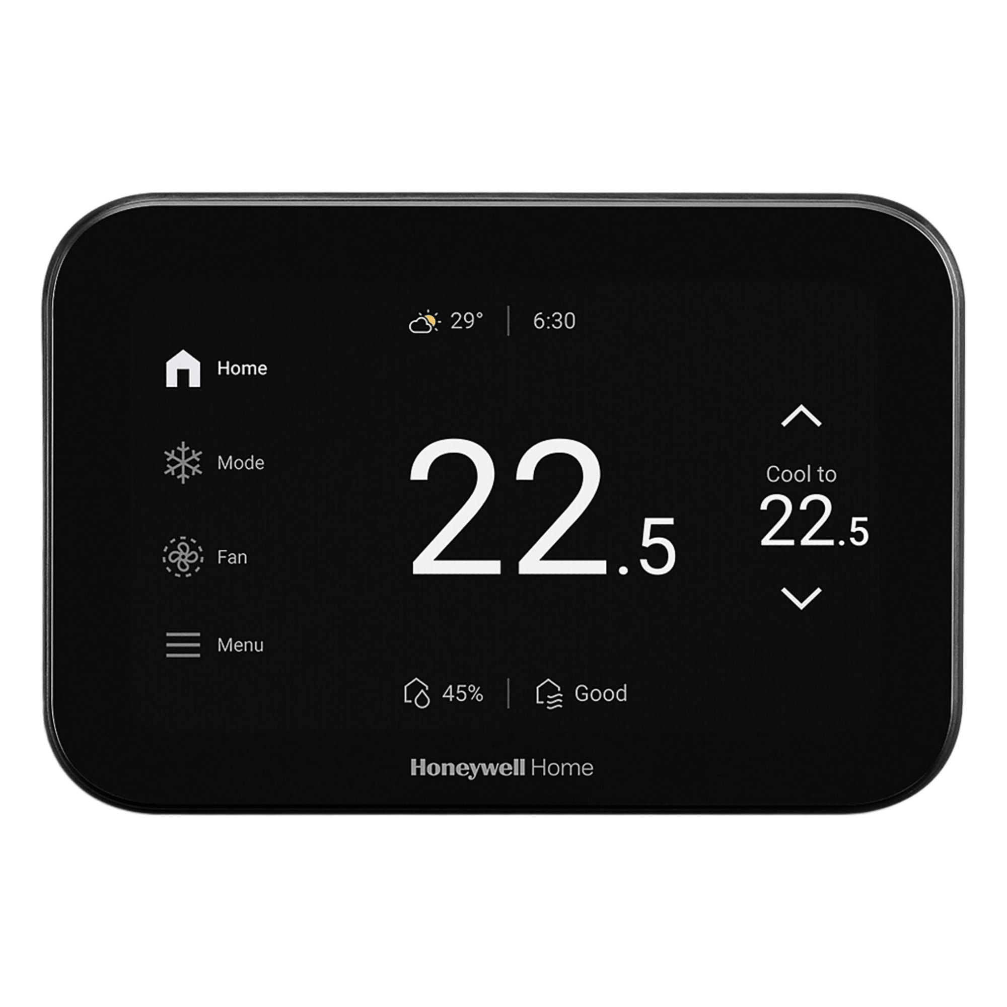 Termostato inteligente con pantalla táctil de 5 pulgadas, control de calidad de aire (IAQ), hasta 4H/2C bomba de calor, Wi-Fi, Bluetooth y Matter, color negro — HONEYWELL HOME RESIDEO · SKU THX1200B6