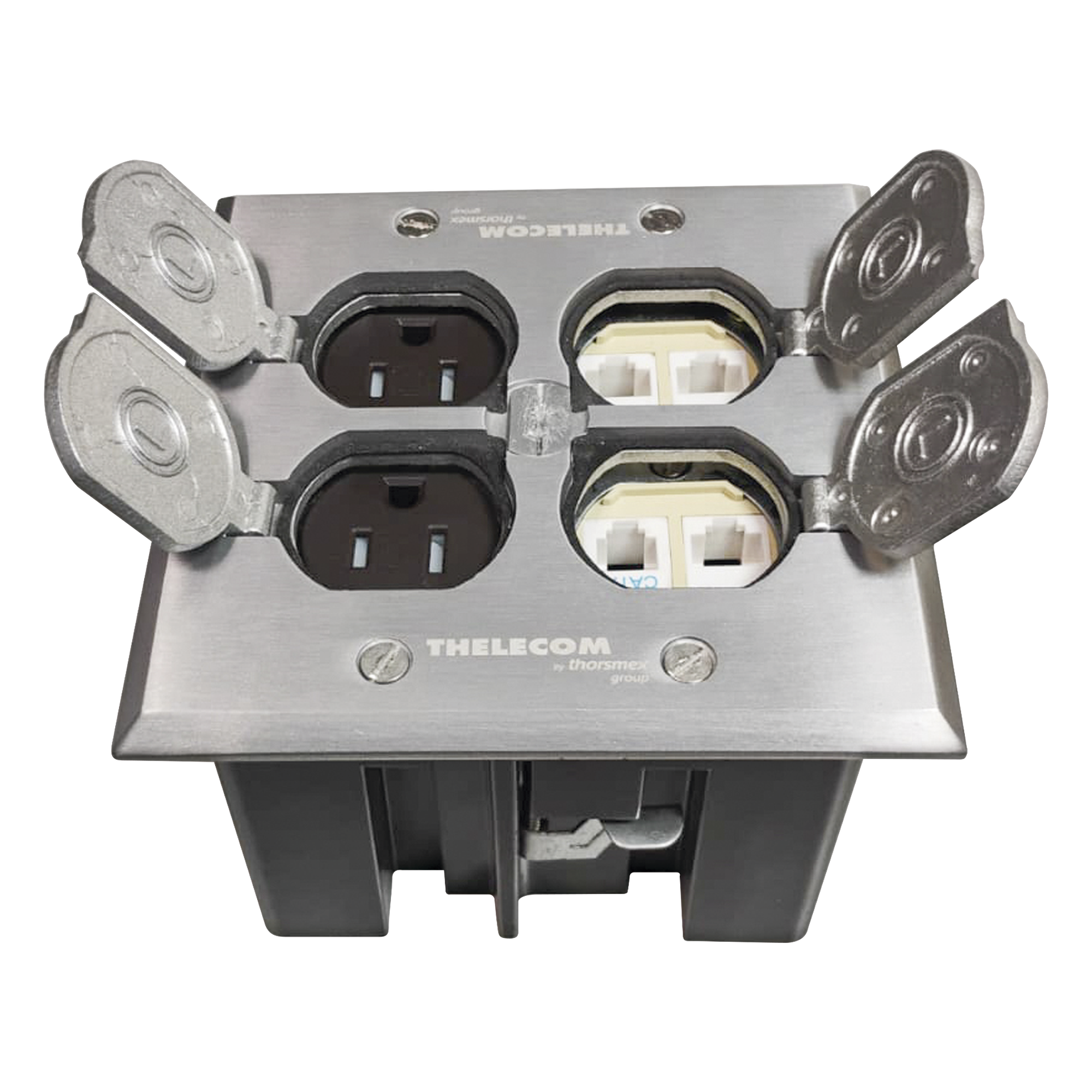 Caja de Piso con Tapa Abatible de Aluminio para| Energía + Voz/Datos para uso en Interior — THORSMAN · SKU TH-CPA-CD