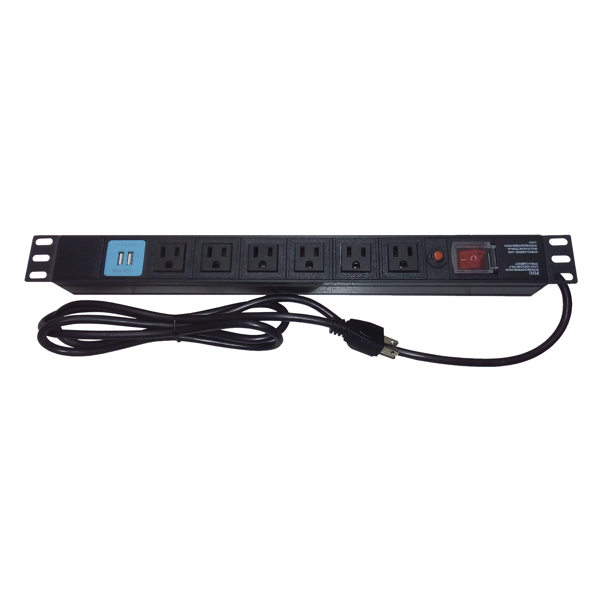 Tomacorriente Horizontal (PDU) de 6 contactos (NEMA 5-15R) + 2 USB para instalación en Rack de 19", 1UR, 125 Vca/ 15 A (THE0040091001001) — THORSMAN · SKU THTCM6CUSB