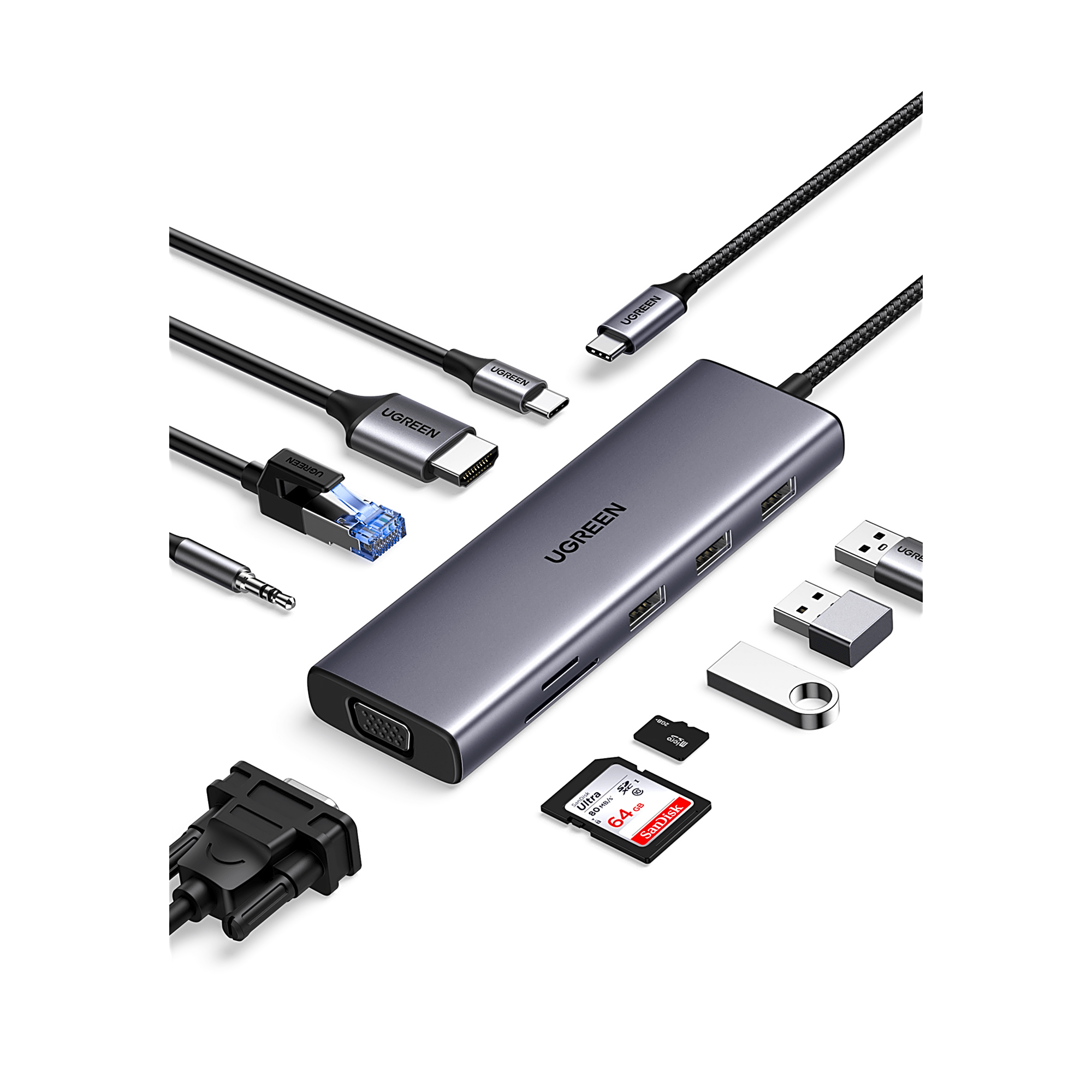 Hub USB-C 10 en 1 / HDMI 4K@30Hz + VGA 1920x1200 / 3x USB 3.0 5Gbps / Ethernet Gigabit / SD/TF Card Reader / PD 100W / Audio 3.5mm / Doble Pantalla Simultánea / Plug & Play Universal — UGREEN · SKU 15601