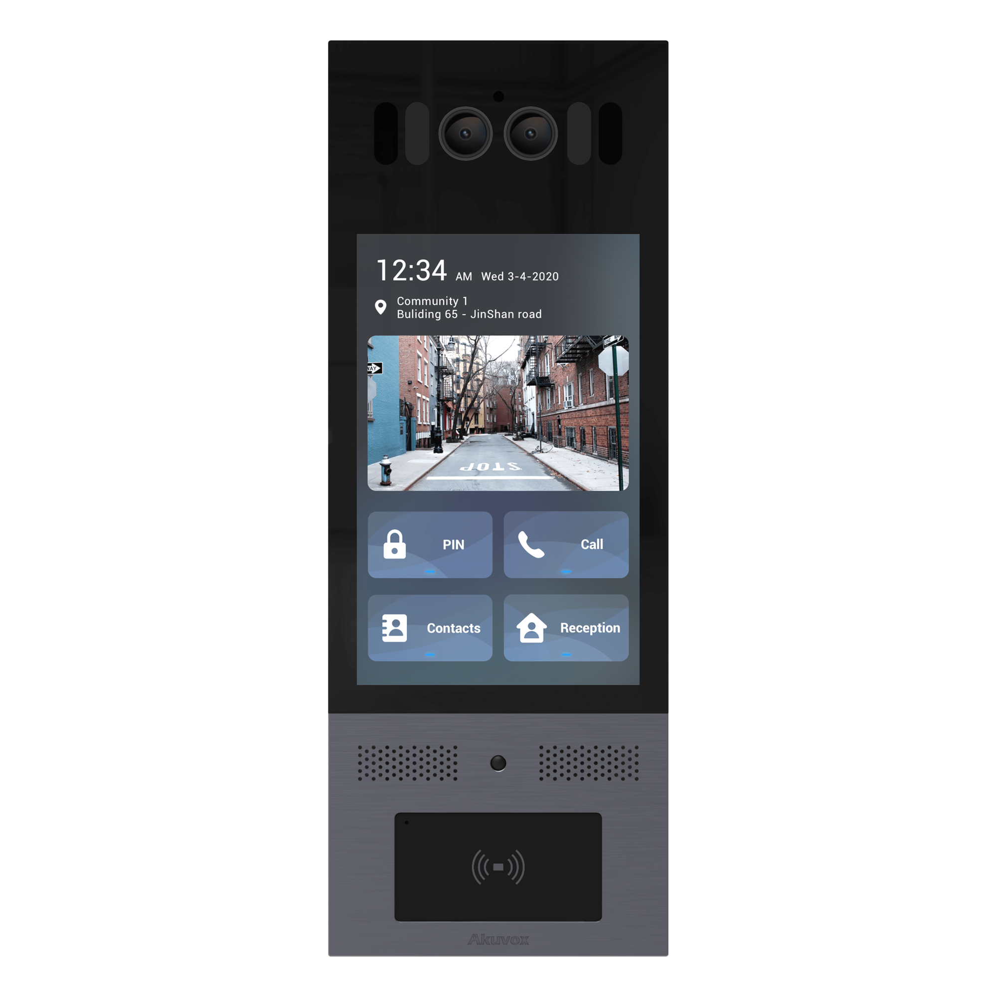 Frente de Calle Antivandálico IK10 / Incluye montaje / Administración 100% en la Nube / Notificación a APP / Llamada Telefónica / ANDROID / SIP / ONVIF /Reconocimiento Facial / QR y PIN para Visitas / IP66 / Bluetooth / NFC — AKUVOX · SKU X915SKIT