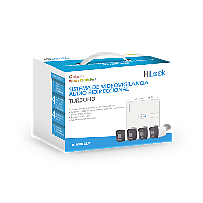 Kit TurboHD 1080p / DVR 4 canales / 4 Cámaras Bala de Metal / Audio Bidireccional / Dual Light (IR + Luz Blanca) / H.265+ / 1 Fuente de Poder Profesional / Accesorios de Instalación — HiLook by HIKVISION · SKU HL-1080-DL/T