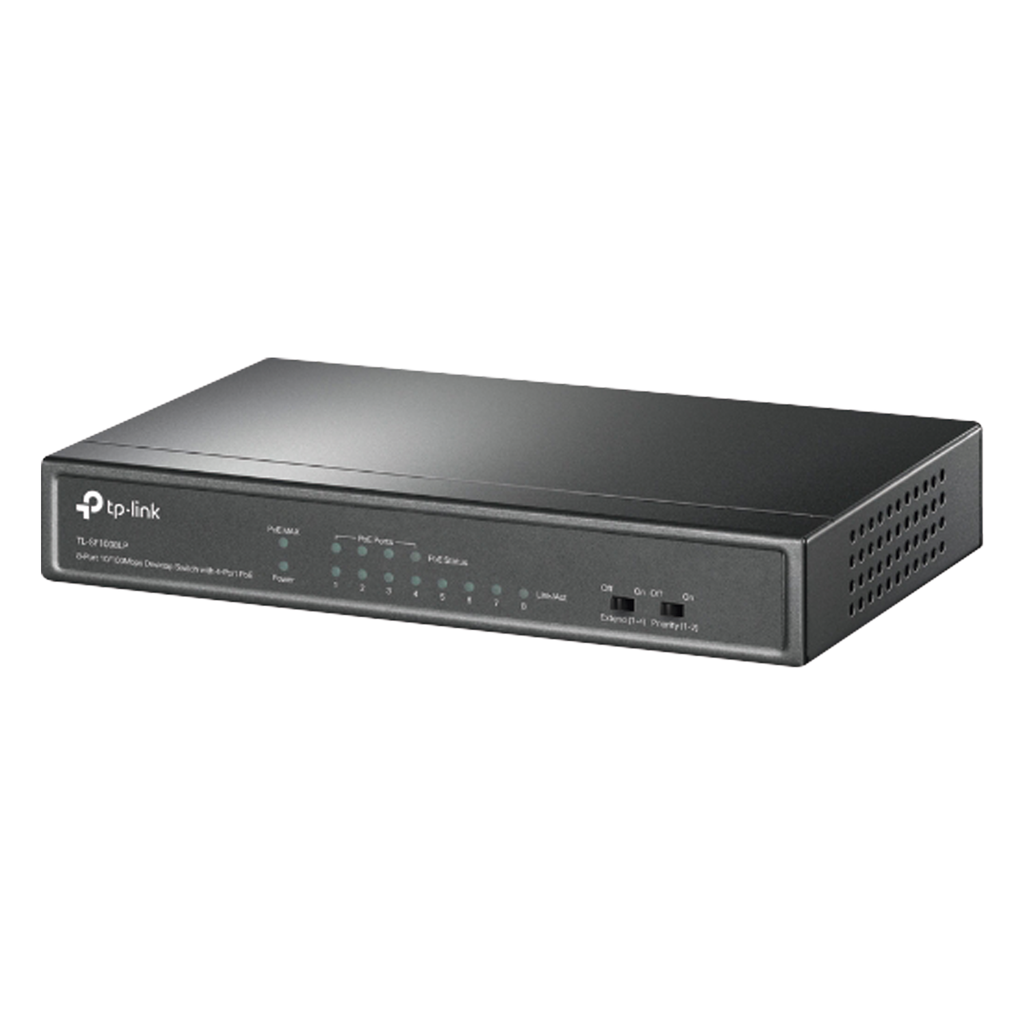 Switch PoE No Administrable de Escritorio / 8 puertos 10/100 Mbps / 4 puertos PoE af / Presupuesto 41 W / Modo extensor PoE hasta 250 metros / Calidad video prioritaria — TP-LINK · SKU TLSF1008LP
