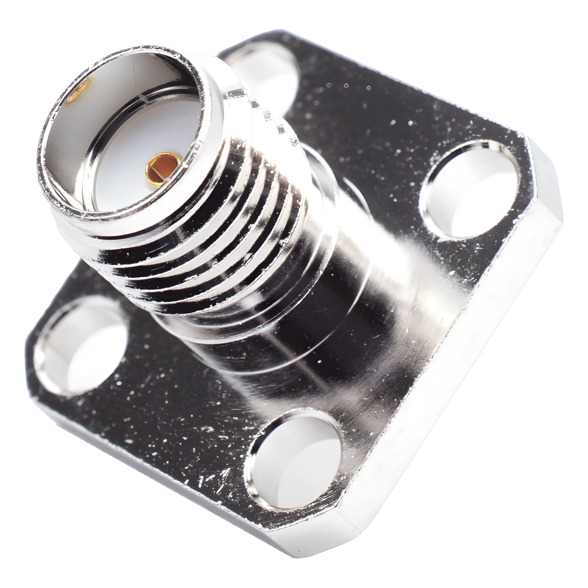 Conector SMA Hembra, Montaje de Panel Cuadrado, 4 Perforaciones, Soldable, Niquel/ Oro/ Teflón. — RF INDUSTRIES,LTD · SKU RSA-3271