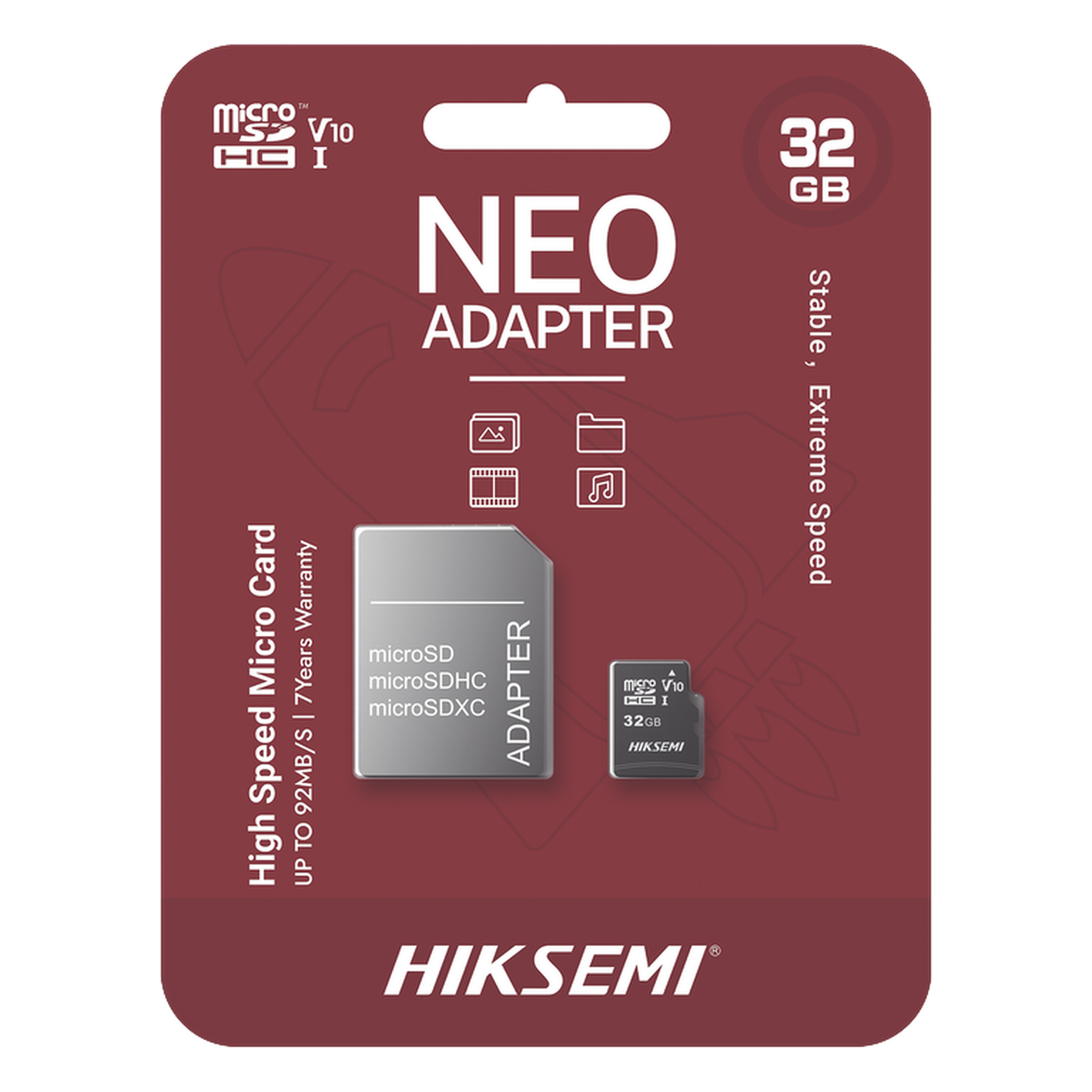 Memoria microSD con Adaptador / 32 GB / Clase 10 / NAND TLC / 92 MB/s Lectura / Multipropósito — HIKSEMI by HIKVISION · SKU HS-TF-C1/32G/NEO/A