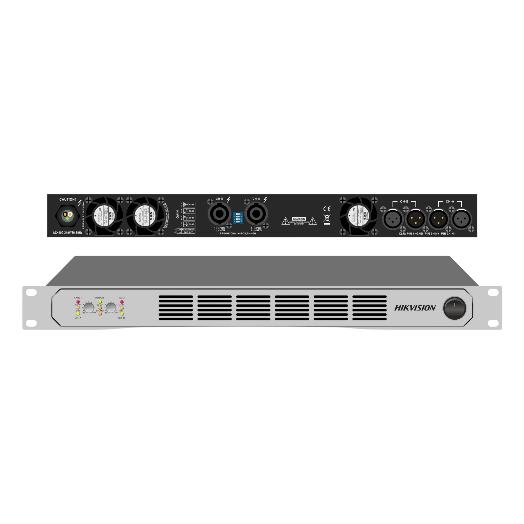 Amplificador de Potencia Profesional / 250W 2-Zonas / Clase D / Eficiencia 90% / Modos Estéreo y Puente / PFC de Banda Ancha / Protección Integral / 1U Compacto — HIKVISION · SKU DS-QAPAR25-2