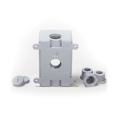 Caja Impermeable de 1 Gang / Profundidad de 2 Pulgadas (5.08 cm) / Cuenta con 3 Salidas Roscadas para Tubería de 1/2 Ó 3/4 / Color Gris