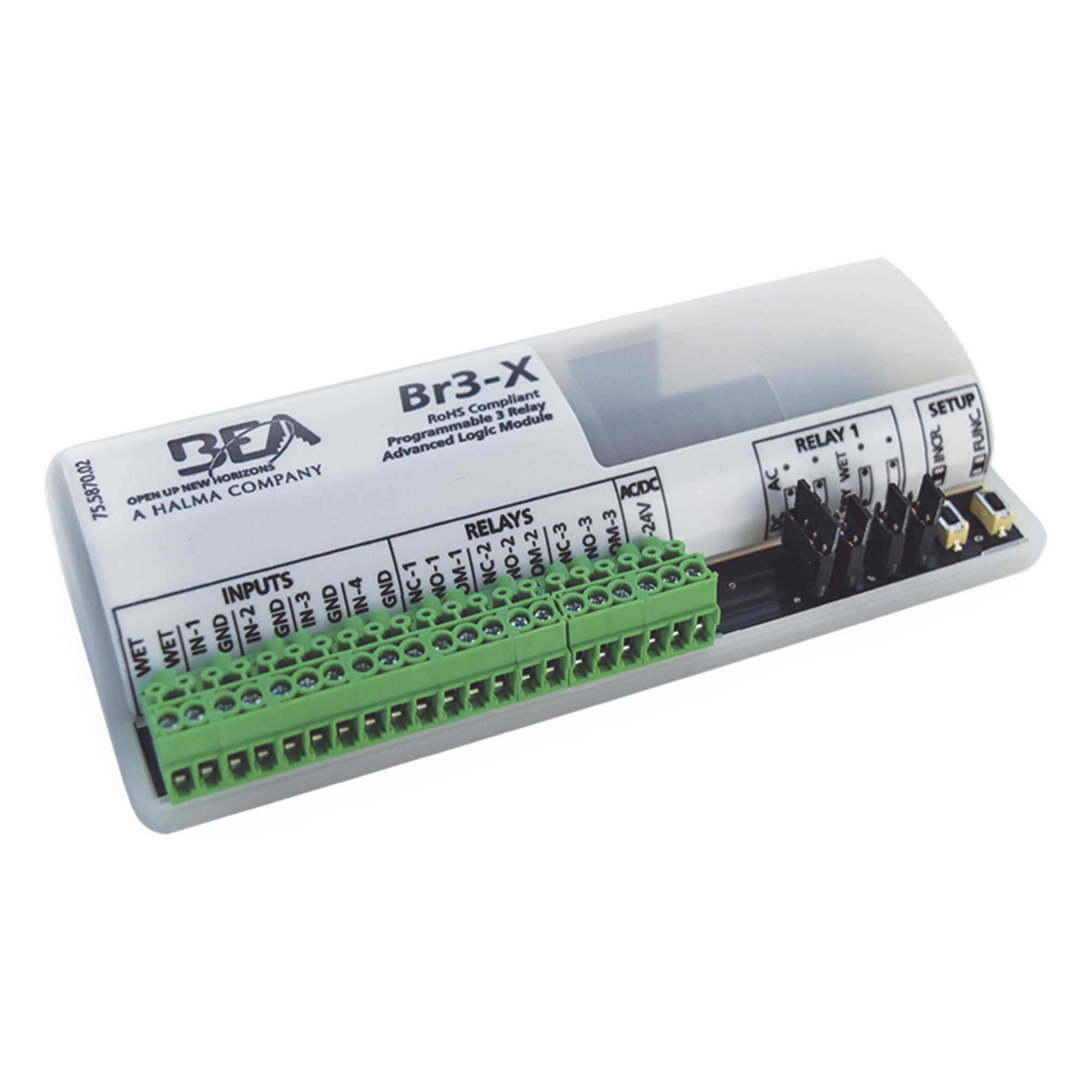MODULO PROGRAMABLE CON 3 SALIDAS DE RELEVADOR / 5 ENTRADAS / 13 FUNCIONES LÓGICAS PROGRAMABLES — BEA · SKU 10-BR3X