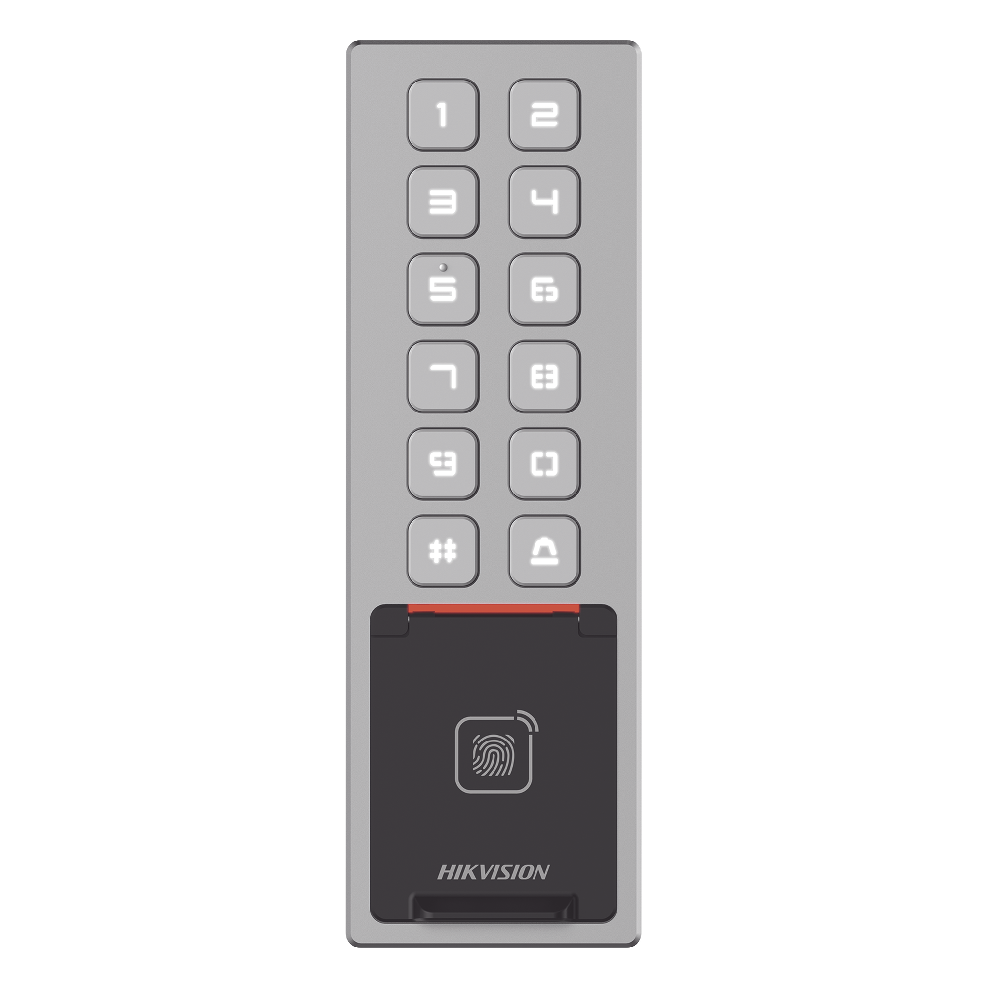 Teclado Exterior WiFi Antivandálico IP65 & IK08 / Administrable en la Nube / Alta y Baja de Passwords Remotamente con Horarios / Acceso por PIN, Tarjeta MIFARE, Huella y Tarjeta Virtual Bluetooth — HIKVISION · SKU DS-K1T805MBFWX