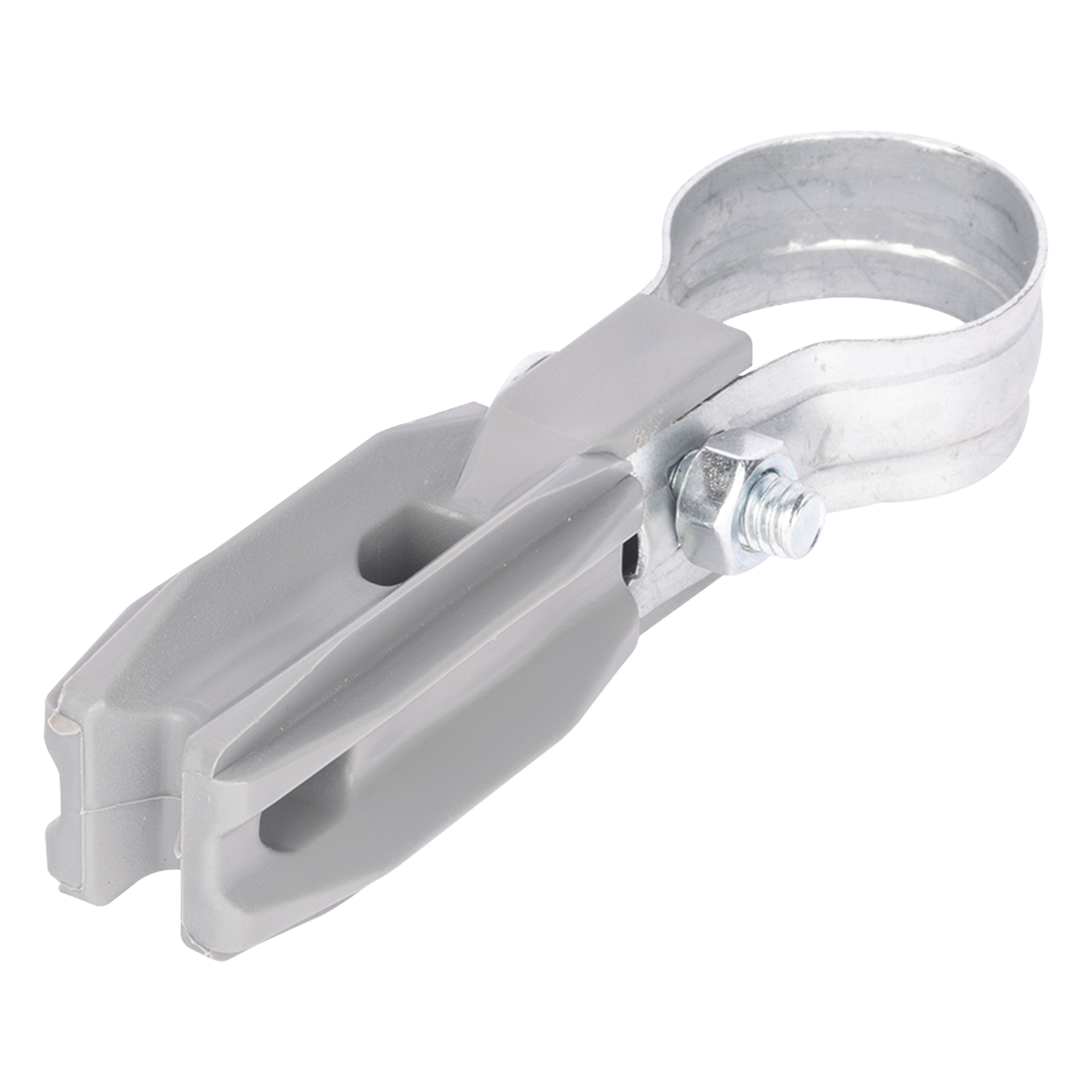 Aislador de Paso o Esquina con Abrazadera / 1 Pulgada (25 mm) / Resina Virgen 100% / Anti-Arqueo / Acero Galvanizado / Poste Cerco Eléctrico — SFIRE · SKU SFABRAZADERA1PG