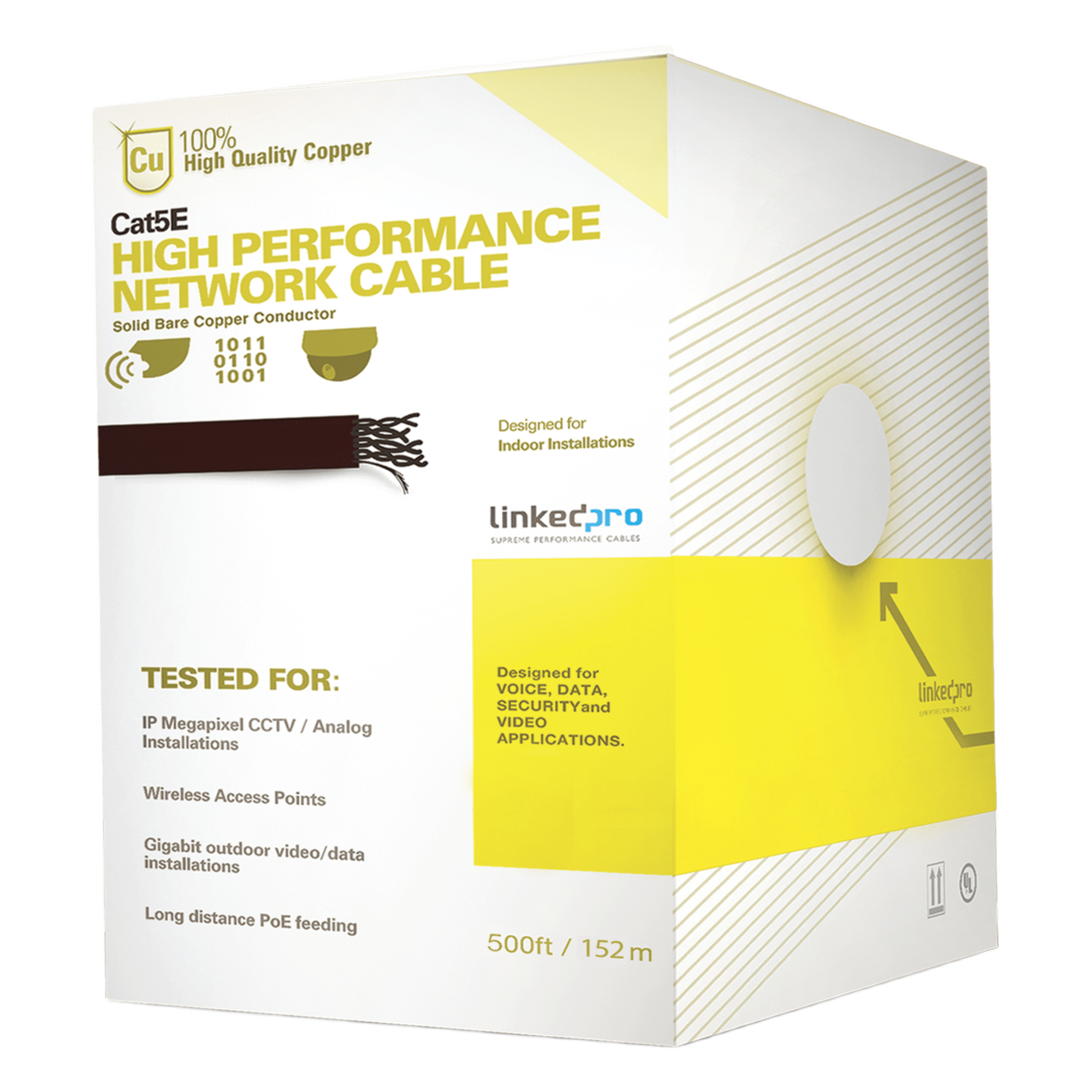 Cable Cat5e de Alto Rendimiento Certificaciones ETL, UL, de 152.5 Metros (500 Pies) de Color Blanco, para Aplicaciones en Video Vigilancia, Redes de Datos. Uso Interior. — LINKEDPRO BY EPCOM · SKU PRO-CAT-5E-W/500