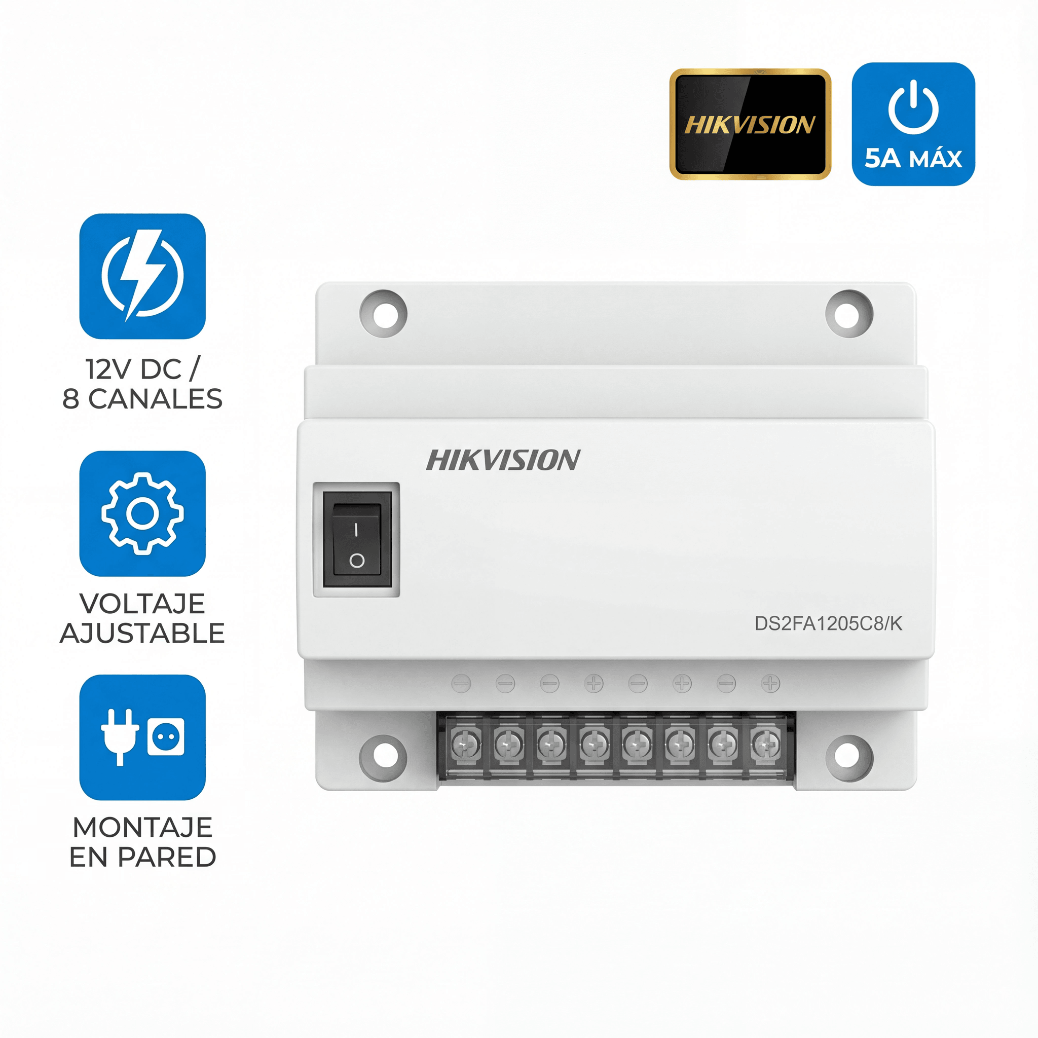Fuente de Poder Regulada 12 Vcc / 13.5 Vcc / 15 Vcc para 8 Cámaras / 8 Amperes (1 Amp por Salida) / Voltaje de Entrada 90 - 130 VCA / Filtro de Ruido para Cámaras 4K / Modo para Largas Distancias