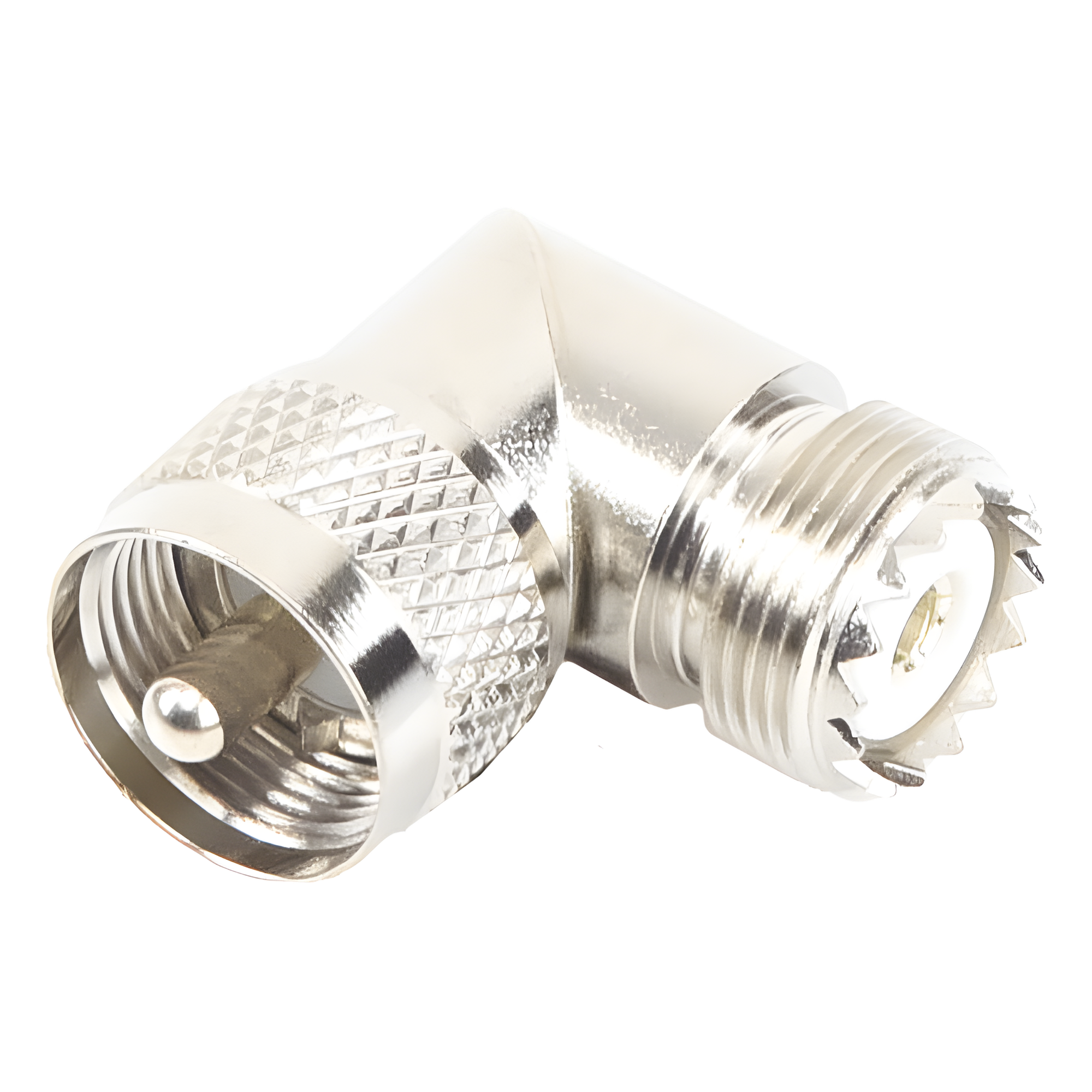 Adaptador RF en Ángulo Recto / UHF Macho PL-259 a UHF Hembra SO-239 / Cuerpo Bronce Niquelado / Aislante Delrin — RF INDUSTRIES,LTD · SKU RFU-532