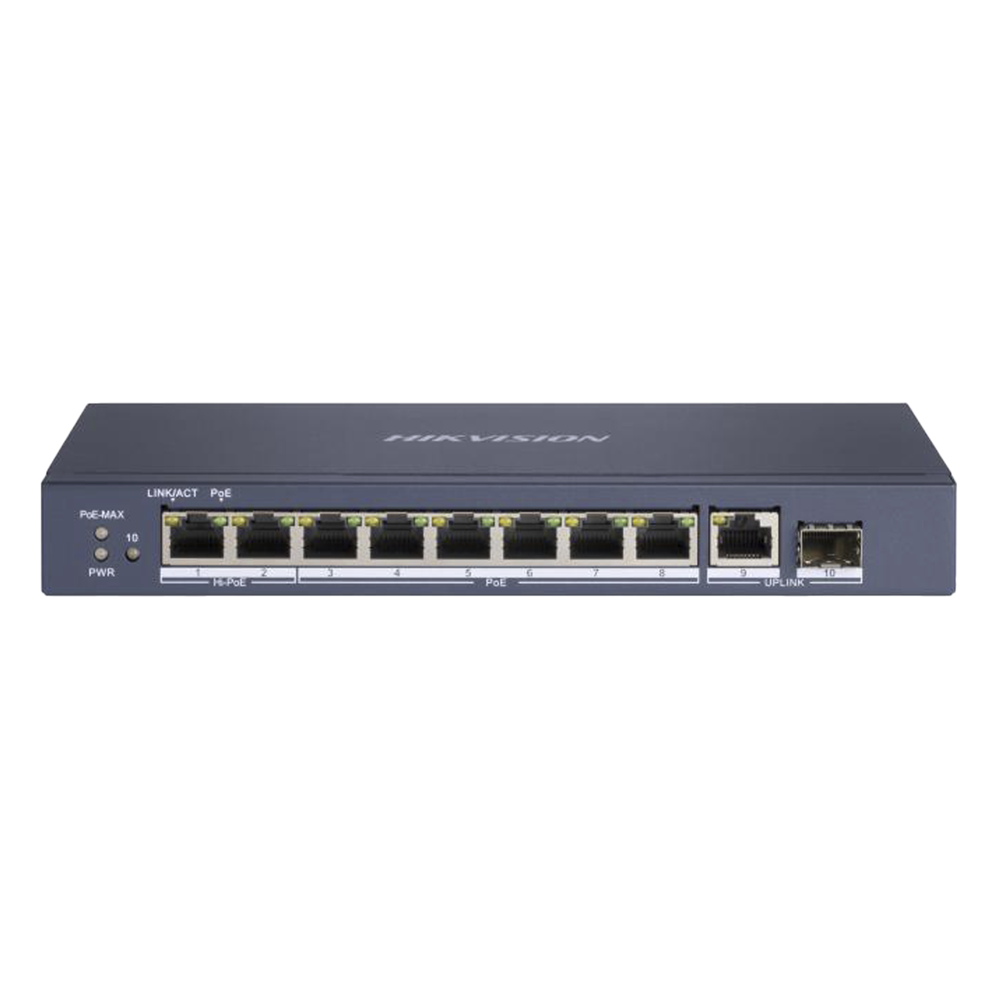 Switch PoE+ / No Administrable / 7 Puertos 1000 Mbps 802.3 af/at (30 W) / 2 Puertos 1000 Mbps Hi-PoE (90 W) / 1 Puertos 1000 Mbps Uplink / 1 Puerto SFP / Modo Extendido hasta 300 Metros / 110 Watts — HIKVISION · SKU DS-3E0510HP-E