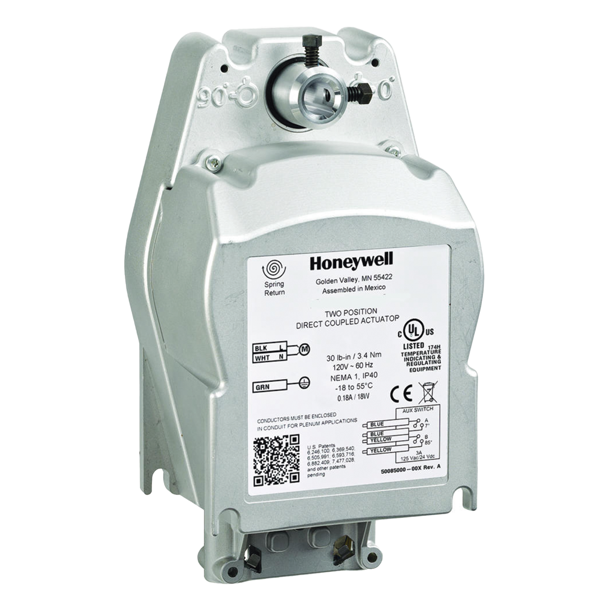 Actuador de dos posiciones de acción rápida con retorno por resorte, 120 VAC, para compuertas de humo y fuego — HONEYWELL BMS · SKU MS4109F1010/U