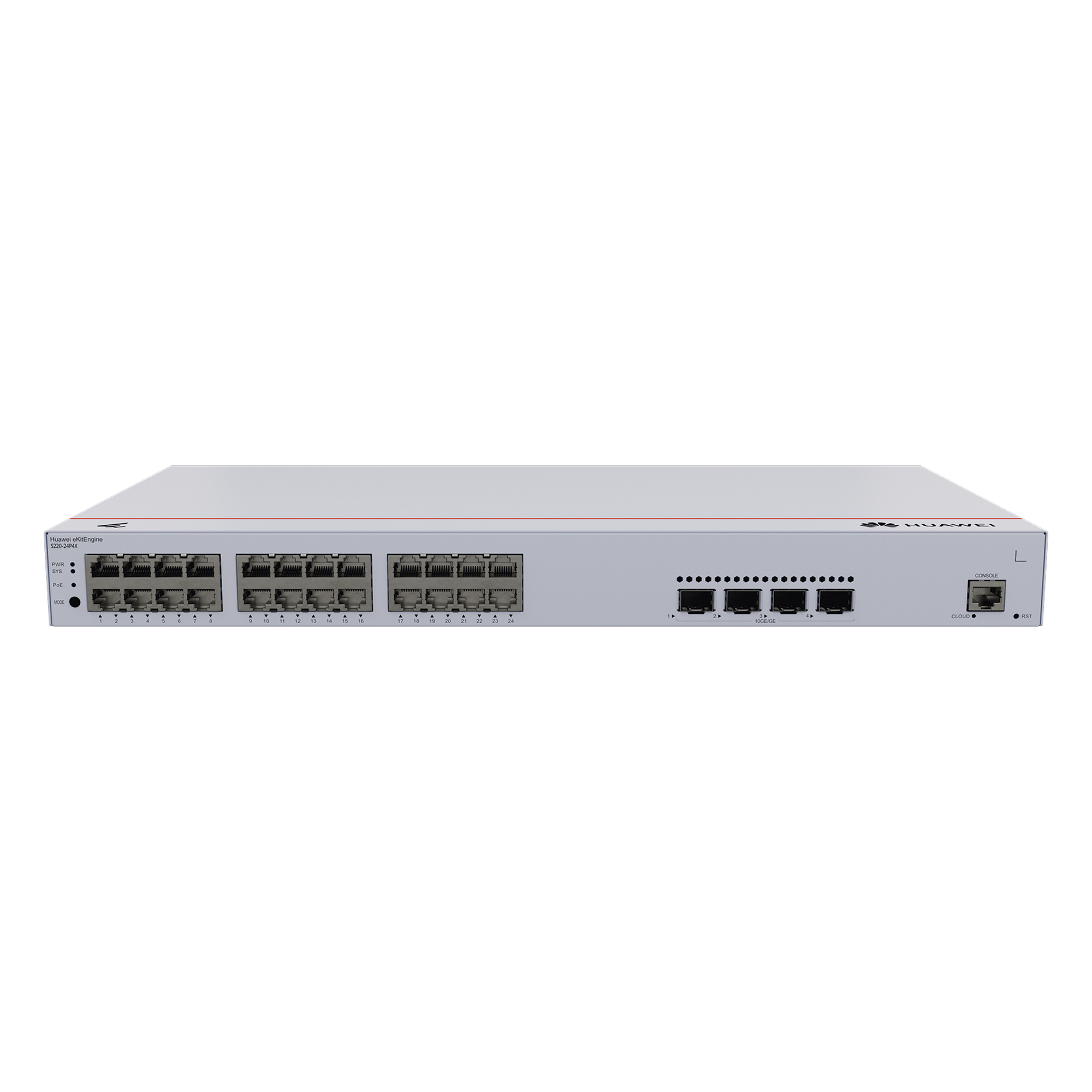 Switch de Acceso eKit Administrable / Capa 2 / 24 Puertos PoE+ Gigabit + 4 Puertos SFP+/SFP + Puerto de Consola  / Poe Perpetuo / Presupuesto PoE 400 W / Sin Licenciamiento — HUAWEI · SKU S220-24P4X