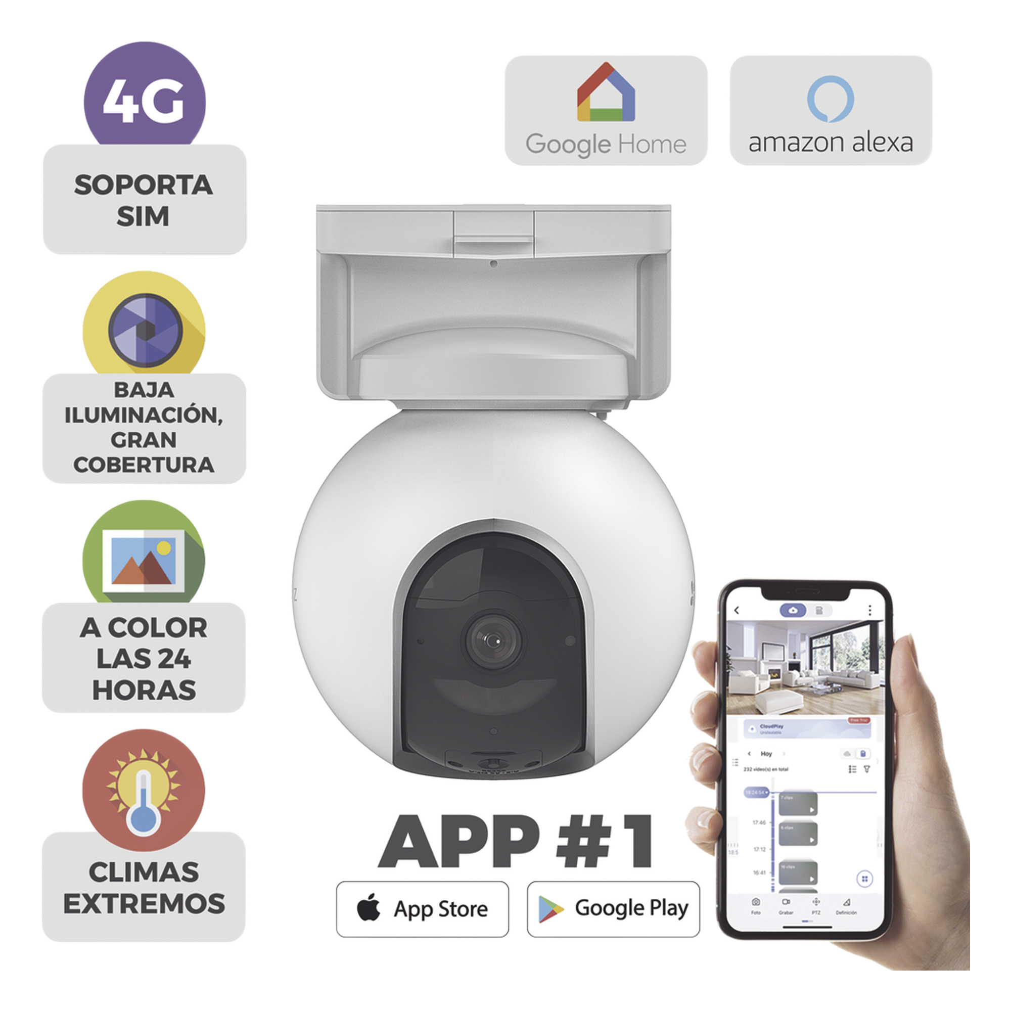 Camara de Batería Recargable / 4G Multicarrier / 3 Megapixel / Compatible con Panel Solar CS-PSP8 / CS-CMT-SOLARPANEL-E conector Tipo C / Seguimiento Inteligente / Visión Nocturna a Color / Detección humana / Exterior Con Potecci&o — EZVIZ · SKU CS-EB8/4G