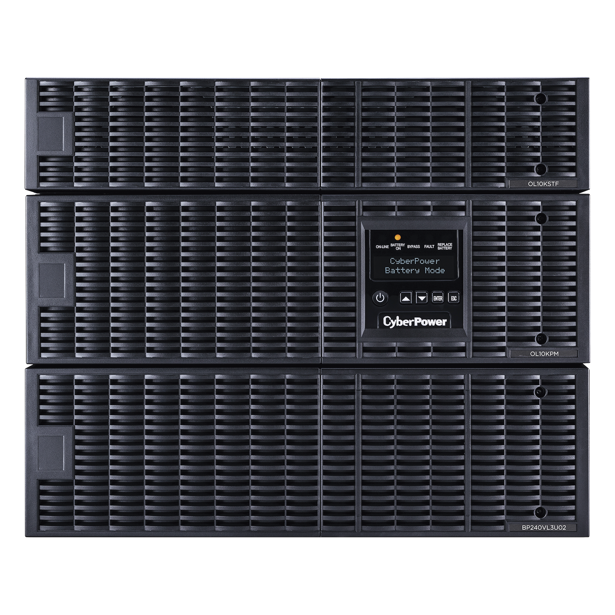 UPS de 10000 VA/10000 W, Online Doble Conversión, 200 - 240 Vac de Entrada, 120 - 240 Vac de Salida, Entrada Hardwired, Onda Senoidal Pura, Torre o Rack de 8 UR, Con 6 Tomas NEMA 5-20R, 3 NEMA L6-30R y Terminal Hardwire — CYBERPOWER · SKU OL10KRTF