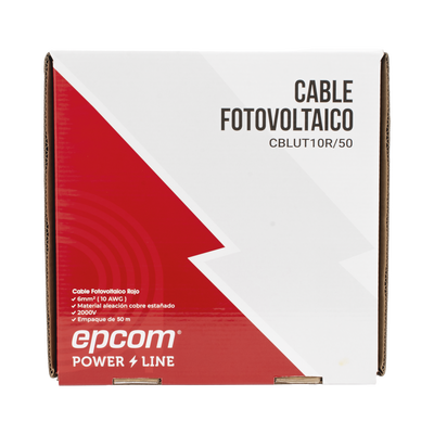 Cable Fotovoltaico Rojo / Cobre Estañado / 6 mm² (10 AWG) / 2000V / Rollo 50m / UL 4703 y TUV — EPCOM POWERLINE · SKU CBLUT10R/50