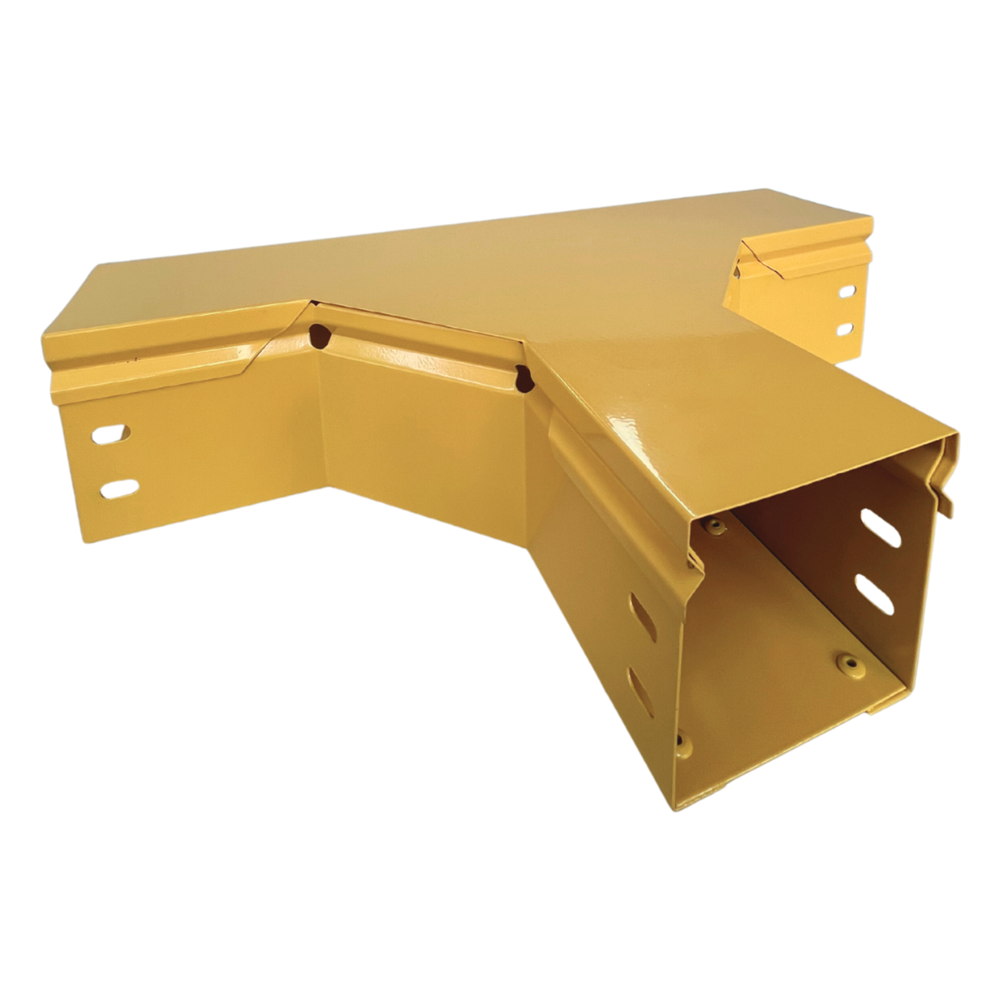 Charola T Horizontal para Fibra Óptica / Aluminio 4" x 4" / Radio de Curvatura 8" / Recubrimiento Epóxico Amarillo / Incluye Tapa y Accesorios